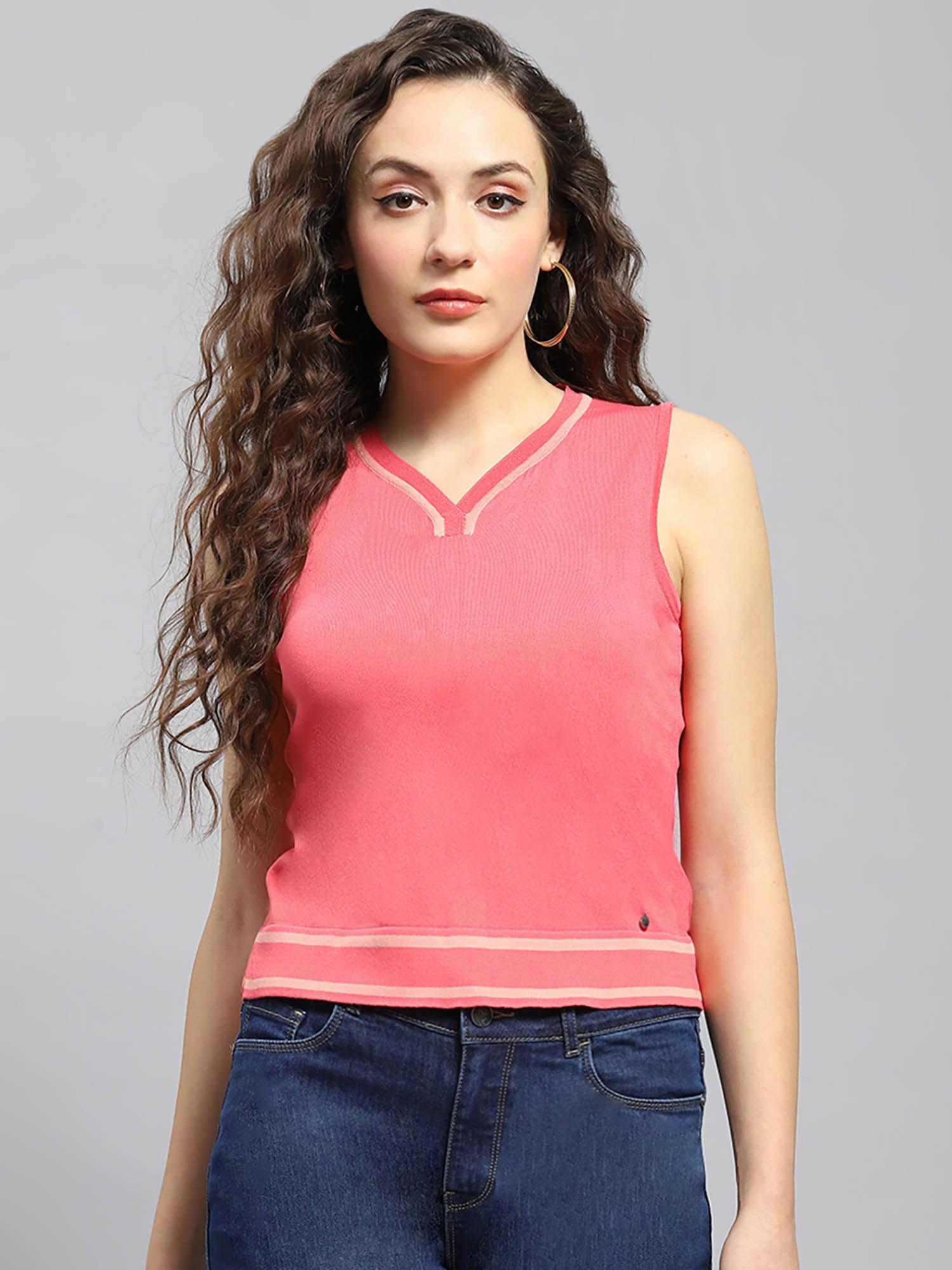 womens pink solid v neck sleeveless tank top