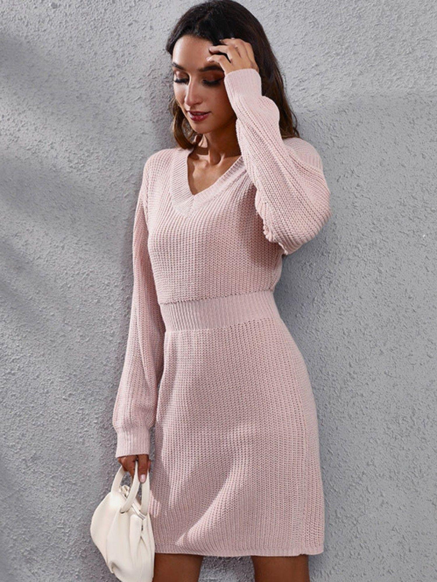 womens pink v-neck long sleeves waisted sweater dress