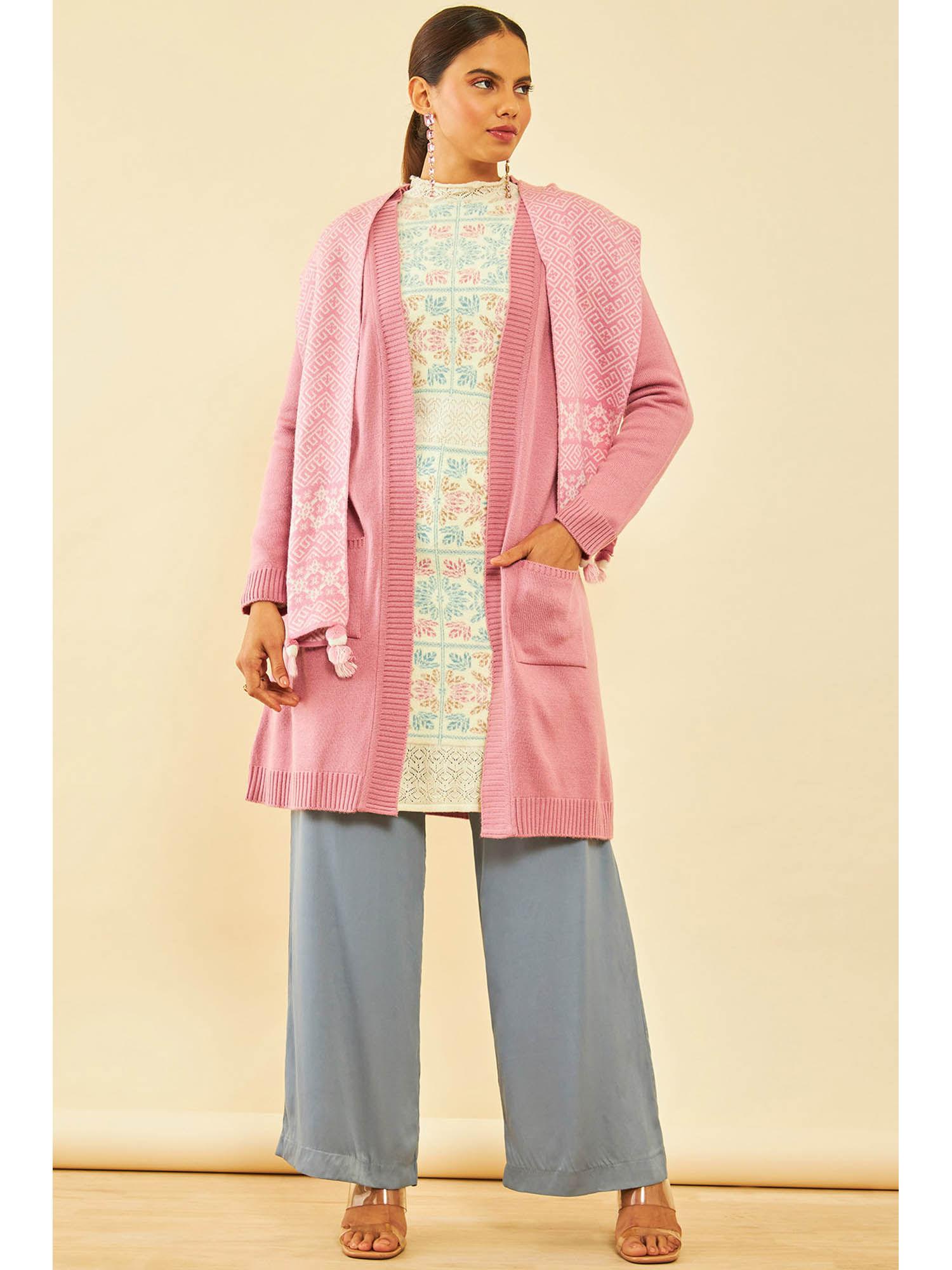 womens pink woven design shrug with muffler