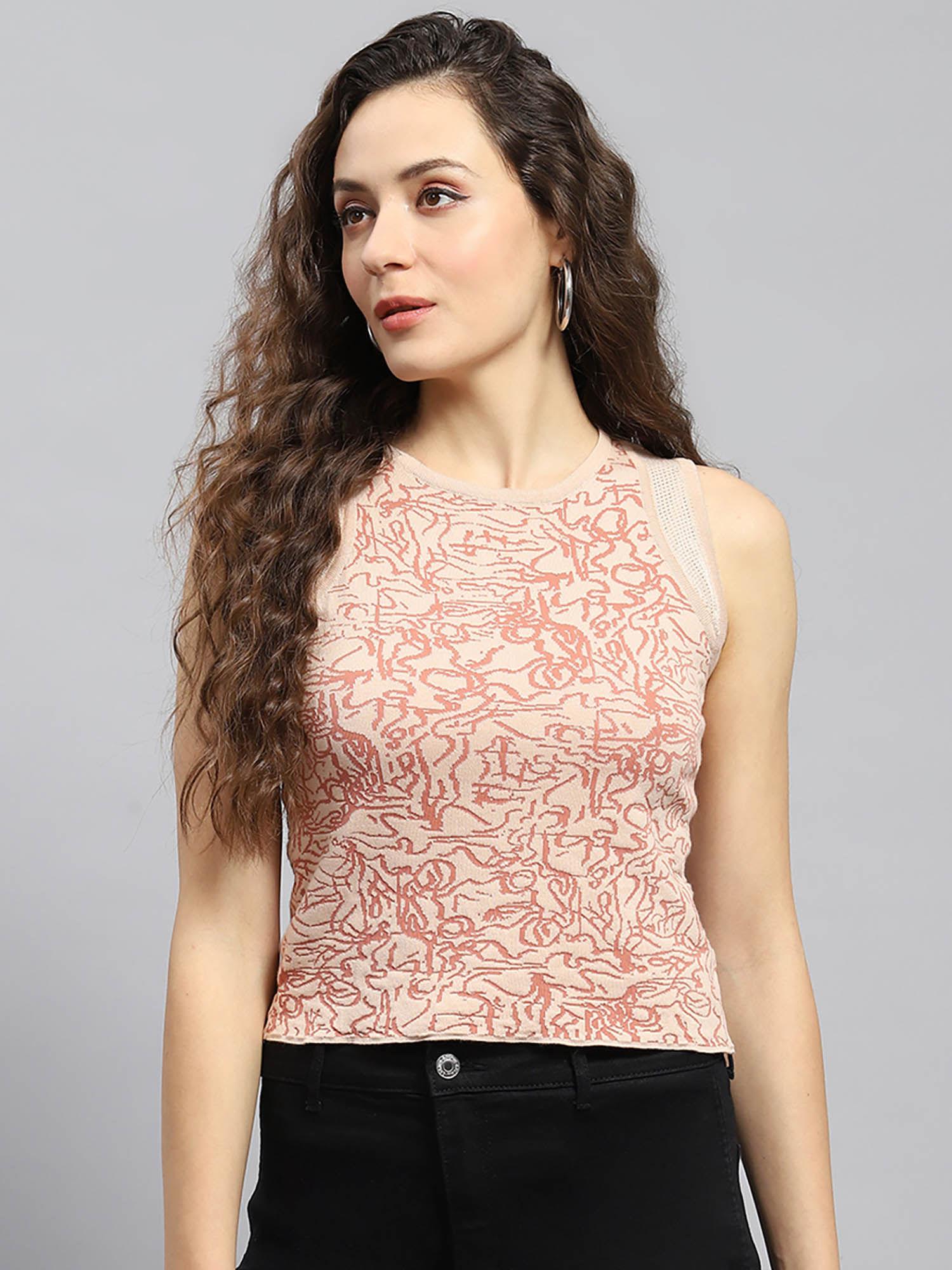 womens pink woven round neck sleeveless top