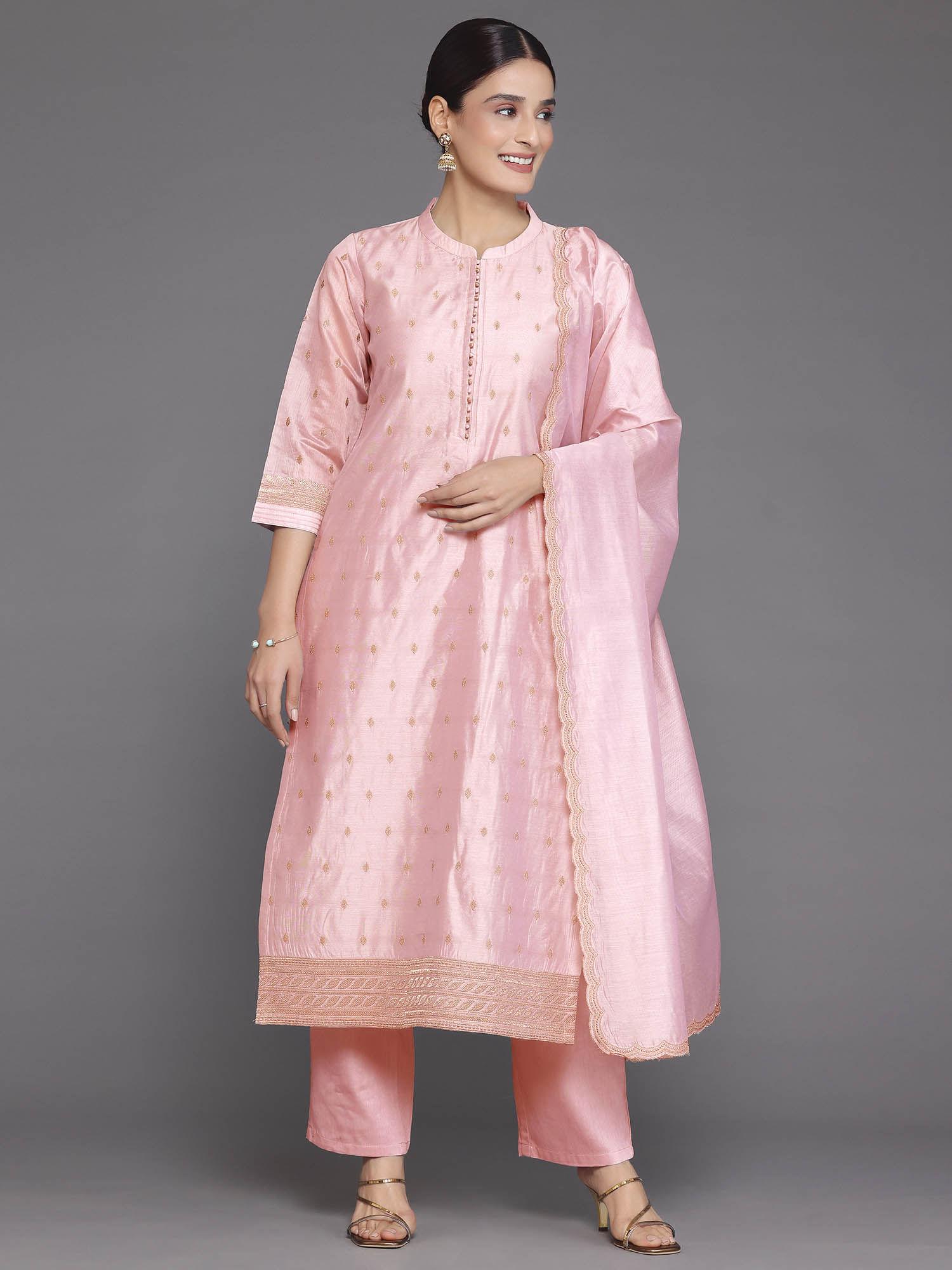 womens pink zari embroidered kurta with pant and dupatta (set of 3)