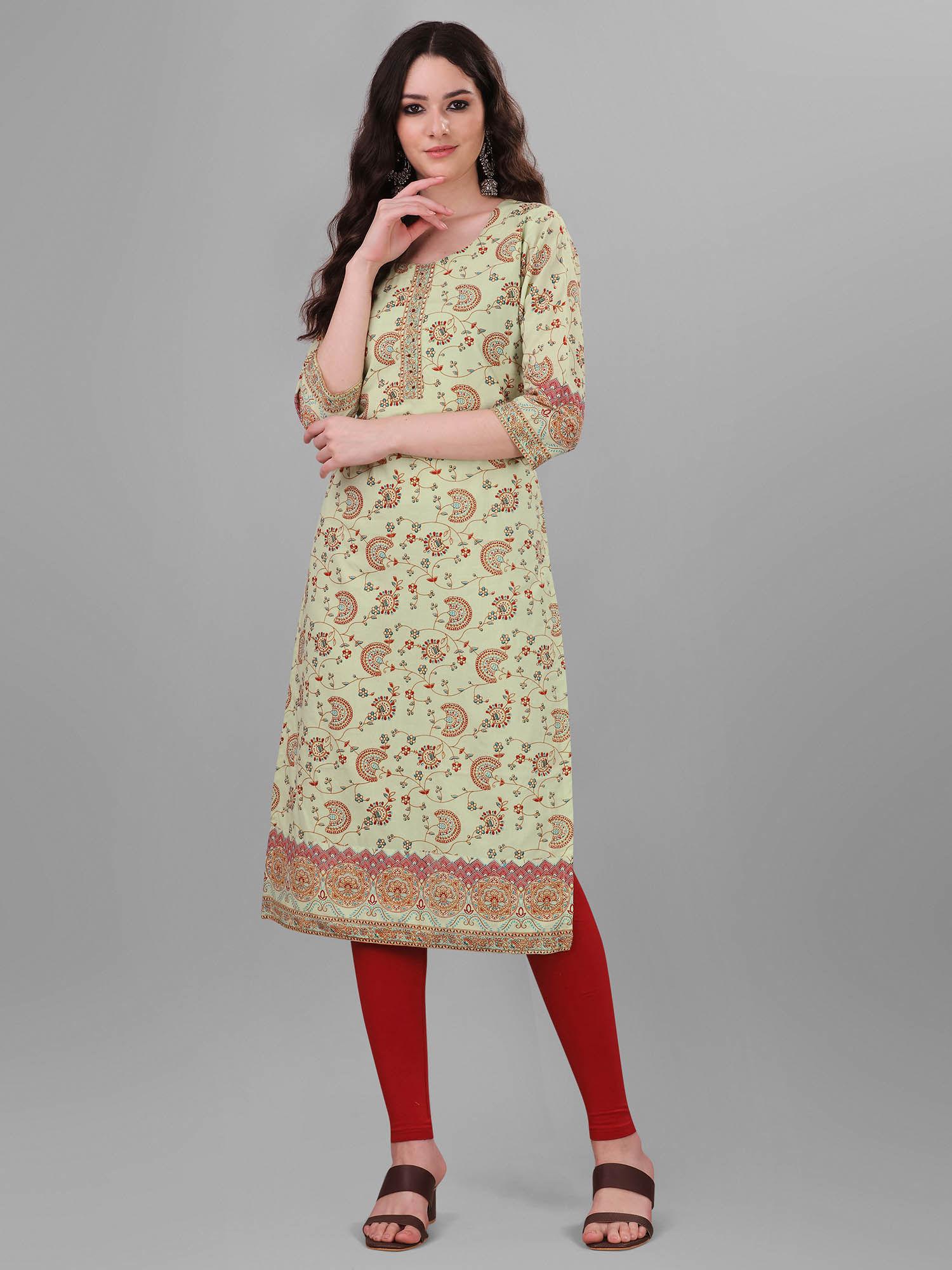 womens pista green pure cotton cambric printed kurta