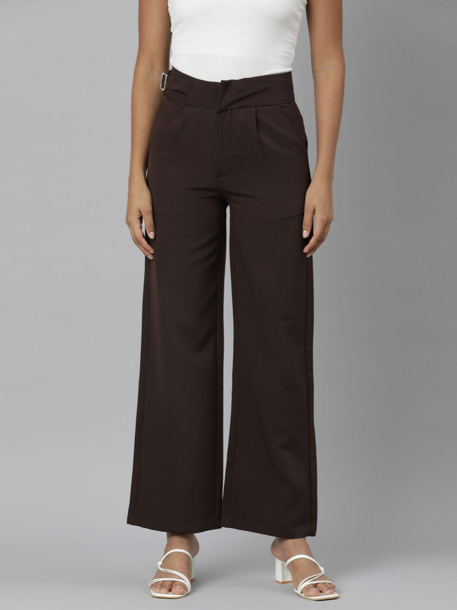 womens pleated brown straight fit solid parallel trousers