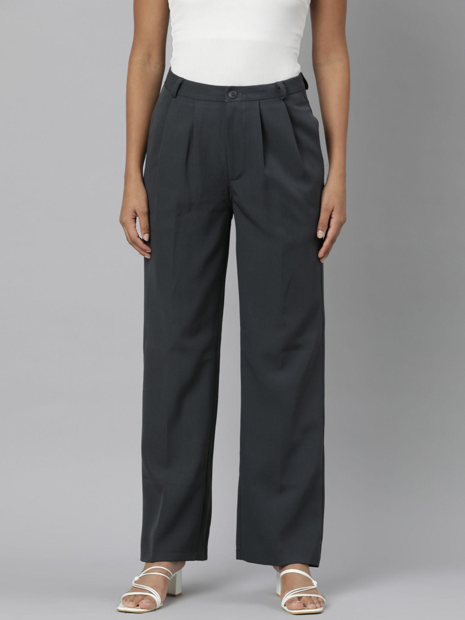 womens pleated charcoal straight fit solid parallel trousers