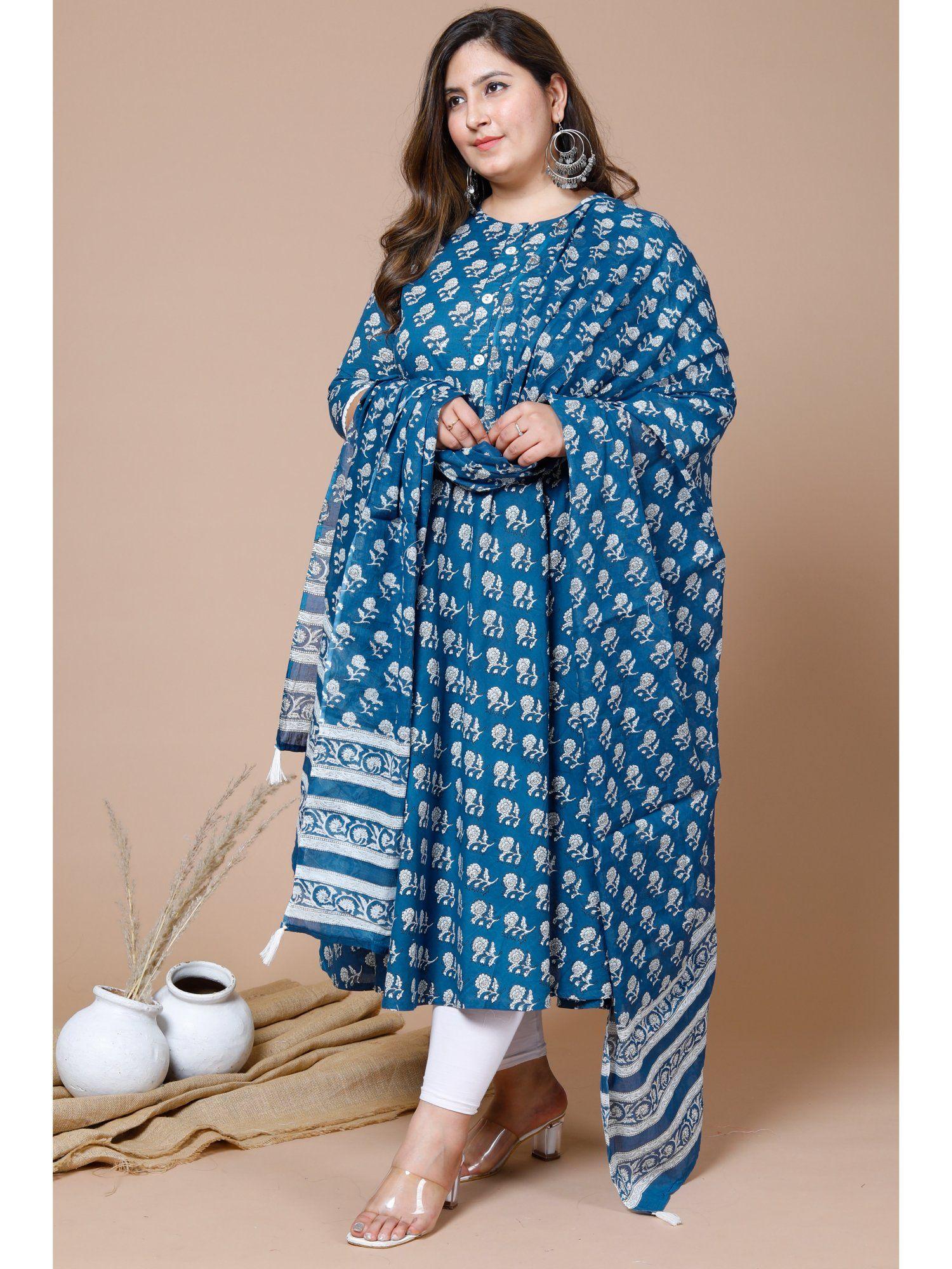 womens plus size blue printed anarkali kurta with dupatta (set of 2)