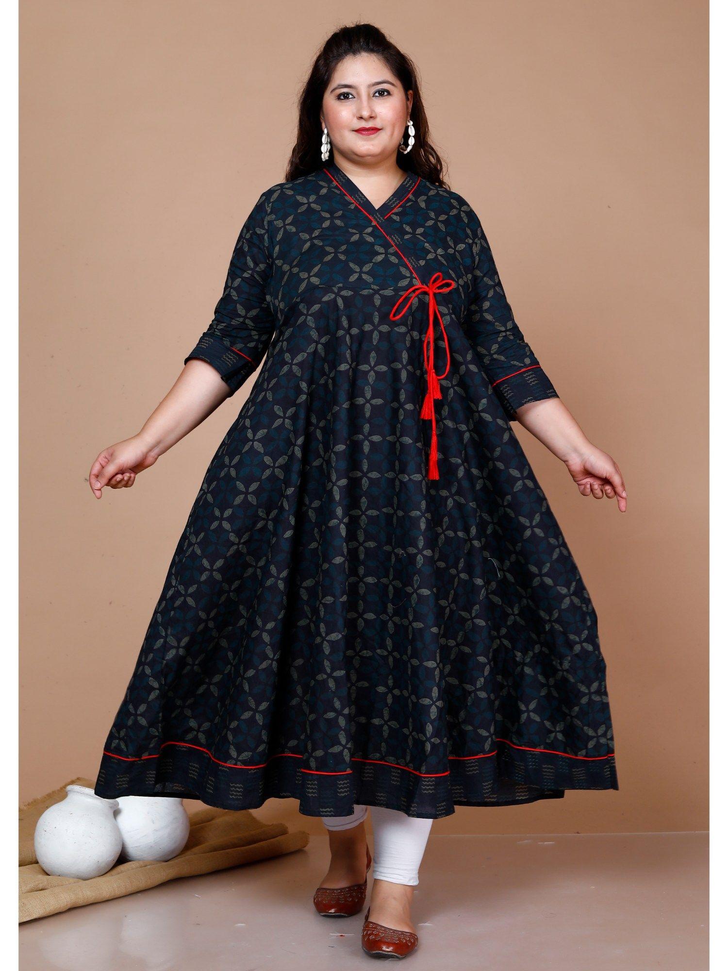 womens plus size navy blue printed angrakha kurta