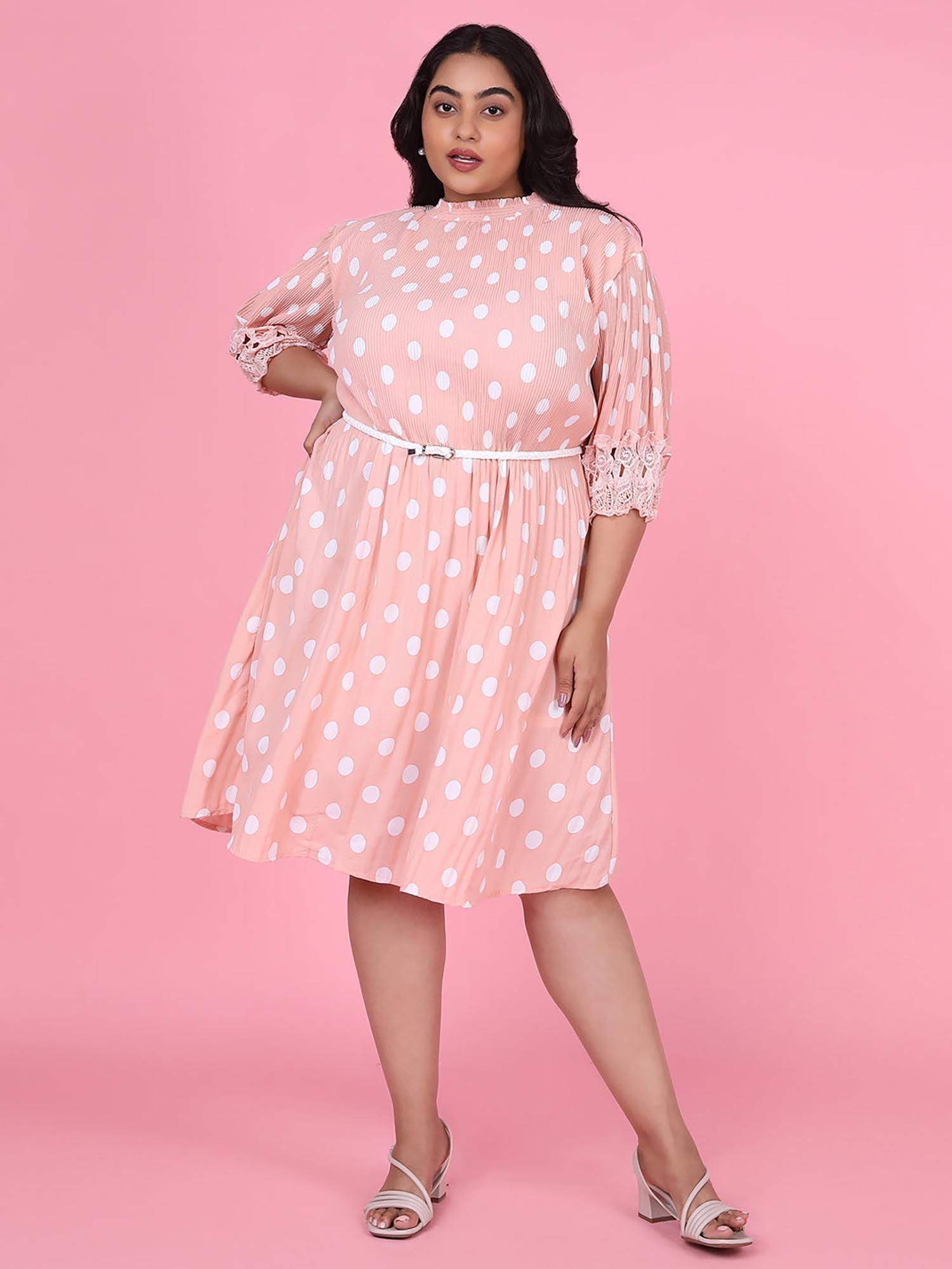 womens polka dots peach fit and flare midi dress with belt (set of 2)