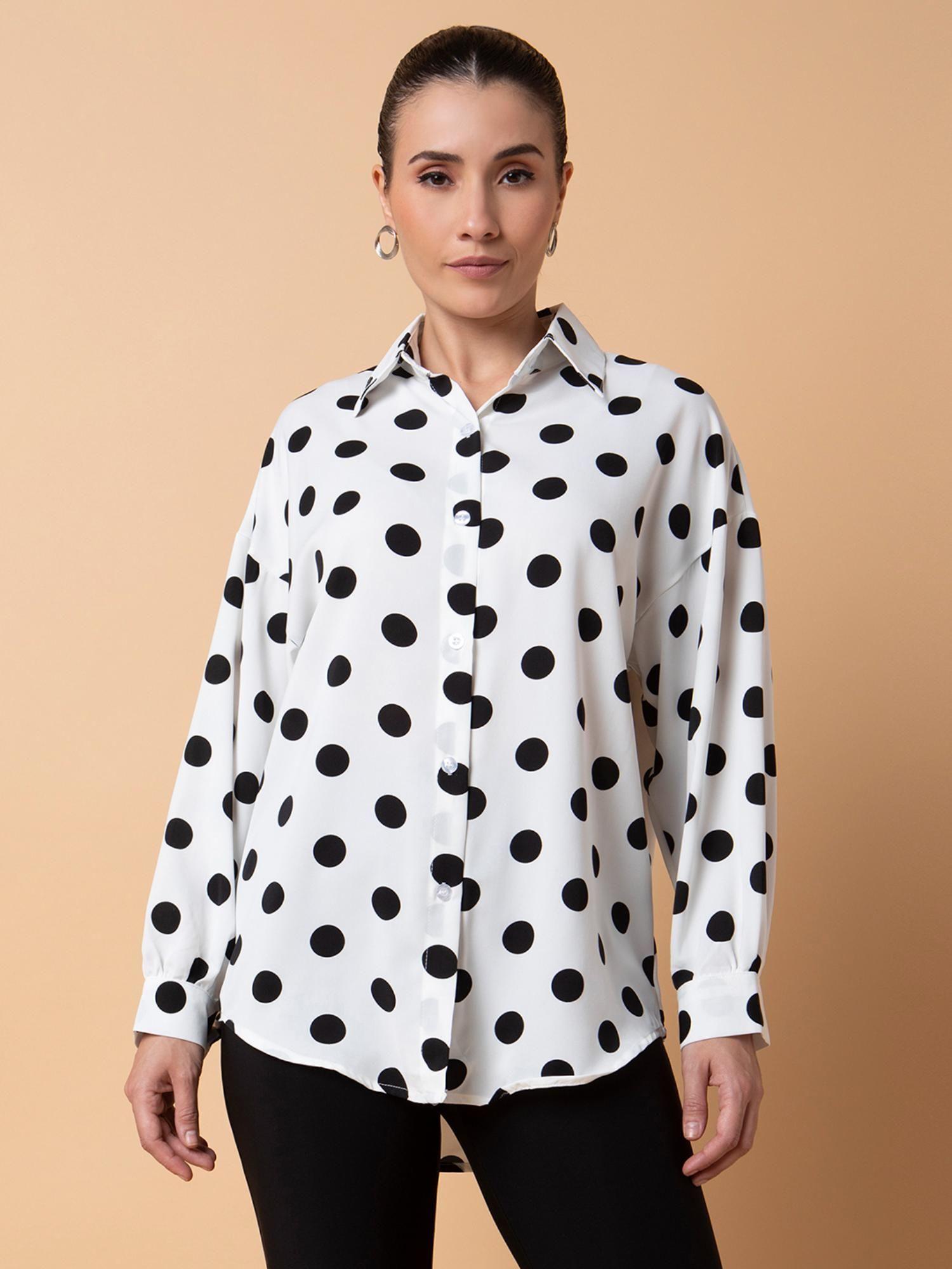 womens polka dots spread collar off white drop shoulder oversized shirt