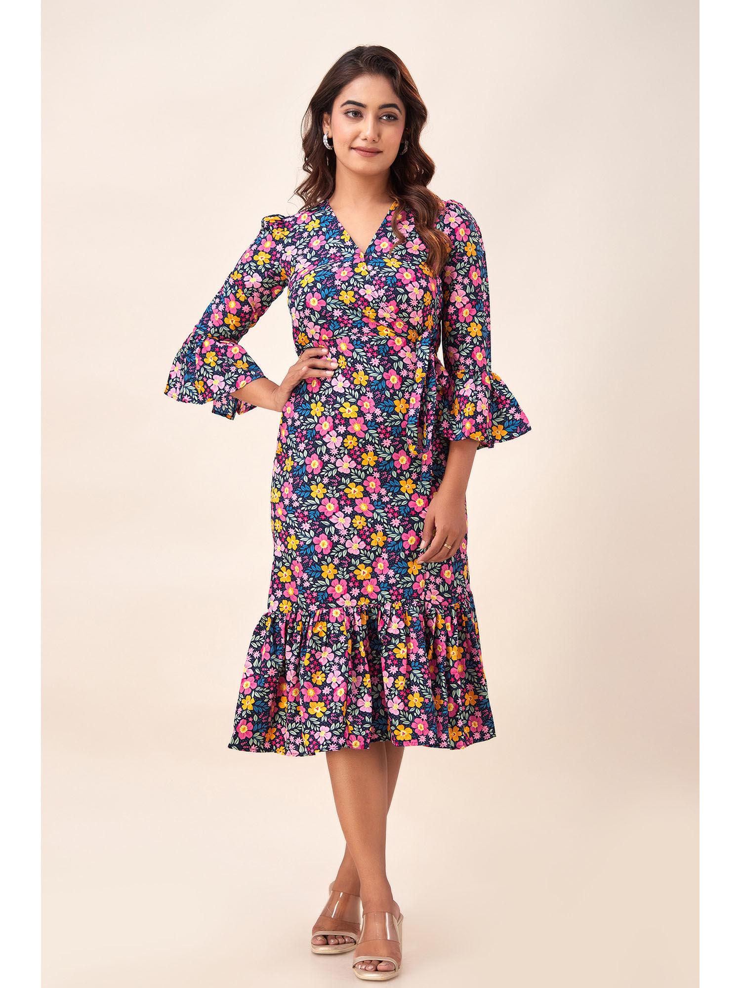 womens poly crepe floral printed a-line long midi dress