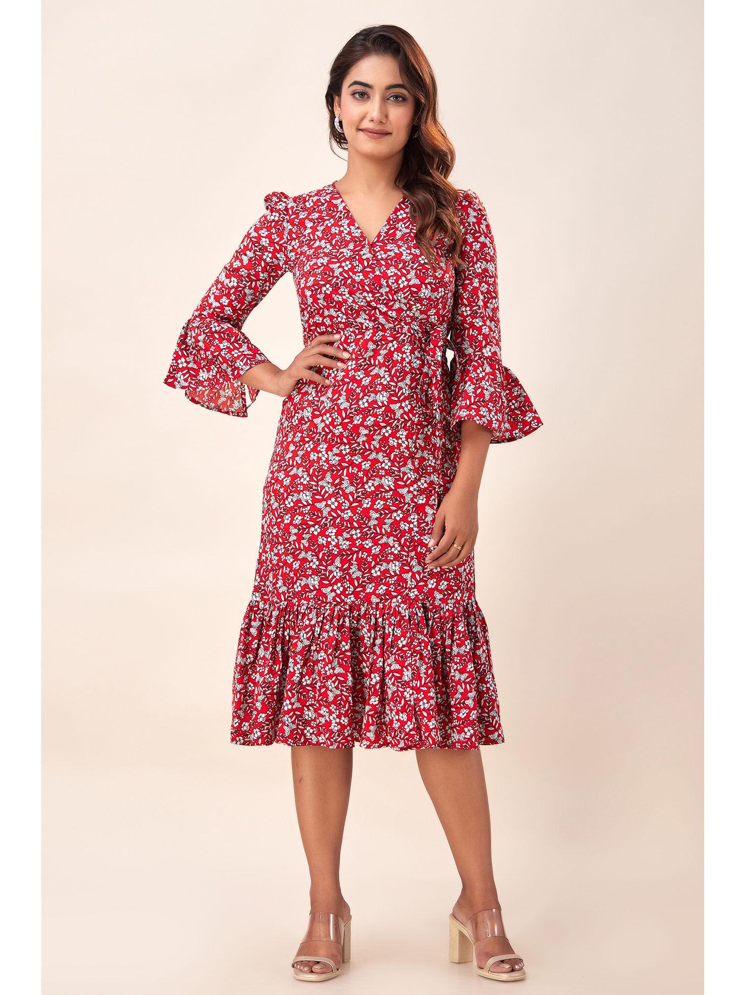 womens poly crepe floral printed a-line long midi dress