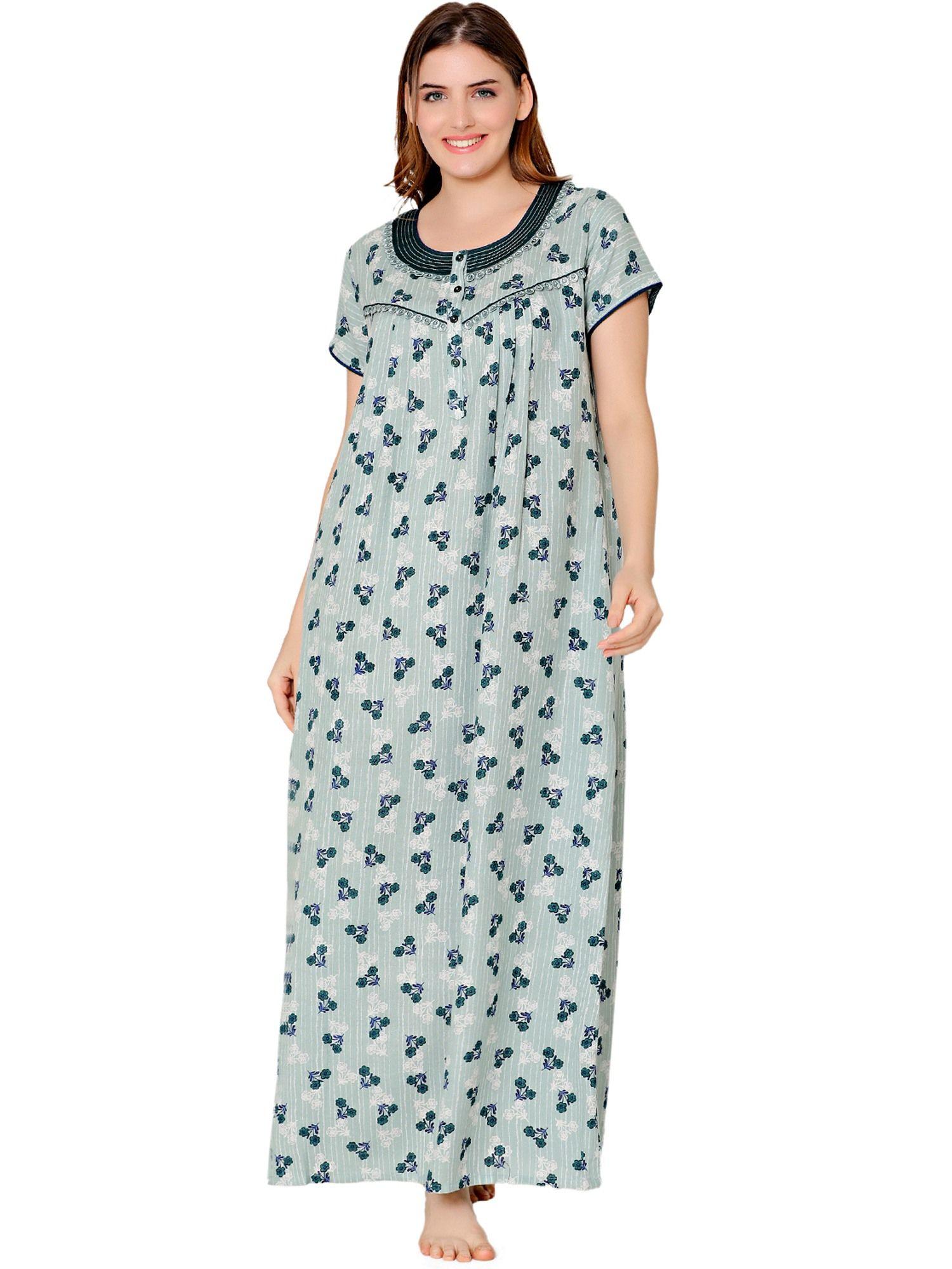 womens polycotton round neck printed long night dress -bsn2008c blue