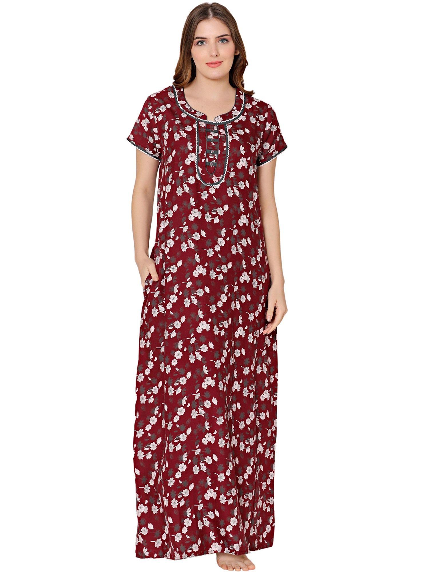 womens polycotton round neck printed long night dress -bsn2019b maroon