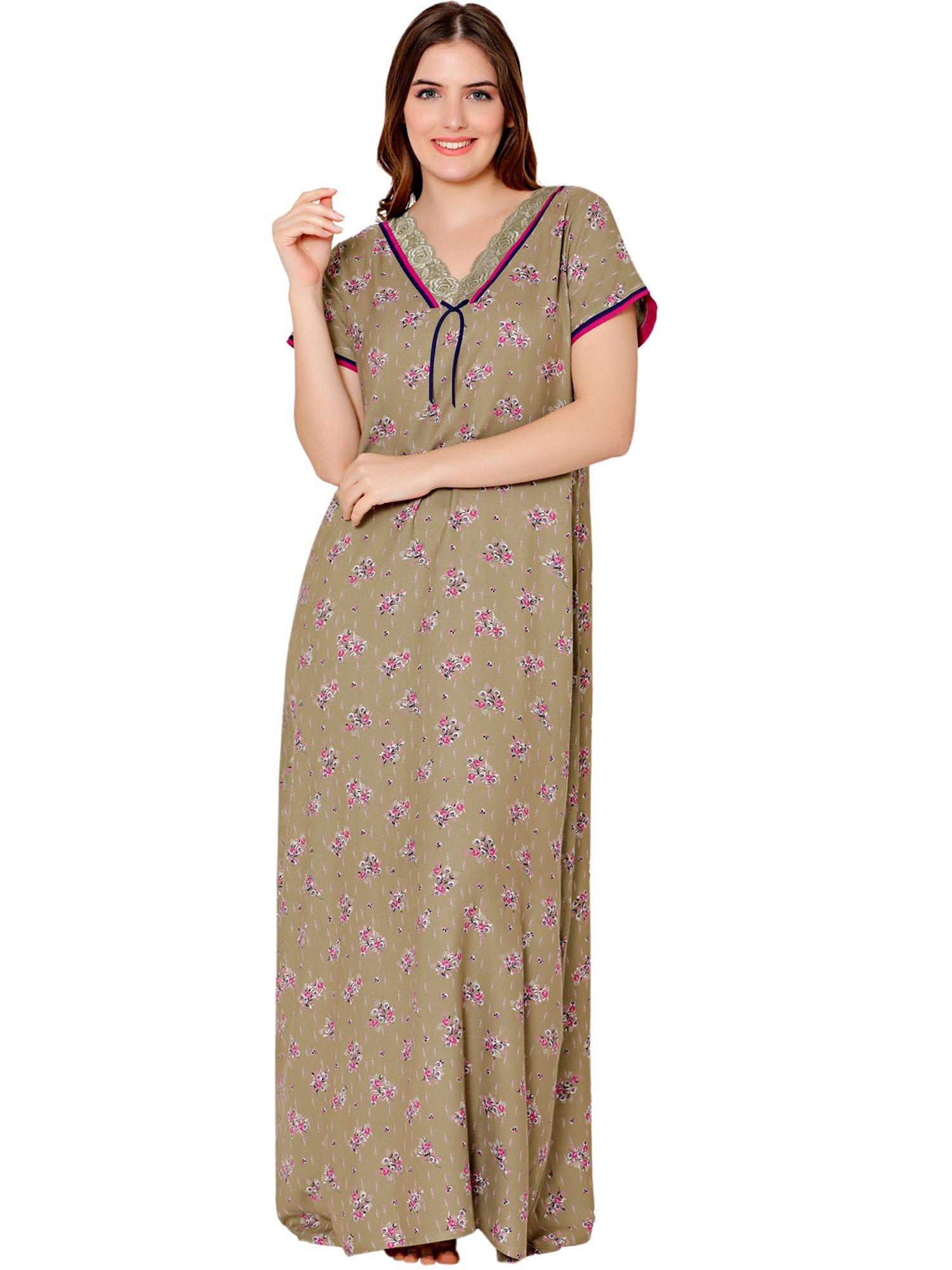 womens polycotton v neck printed long night dress -bsn2011a green