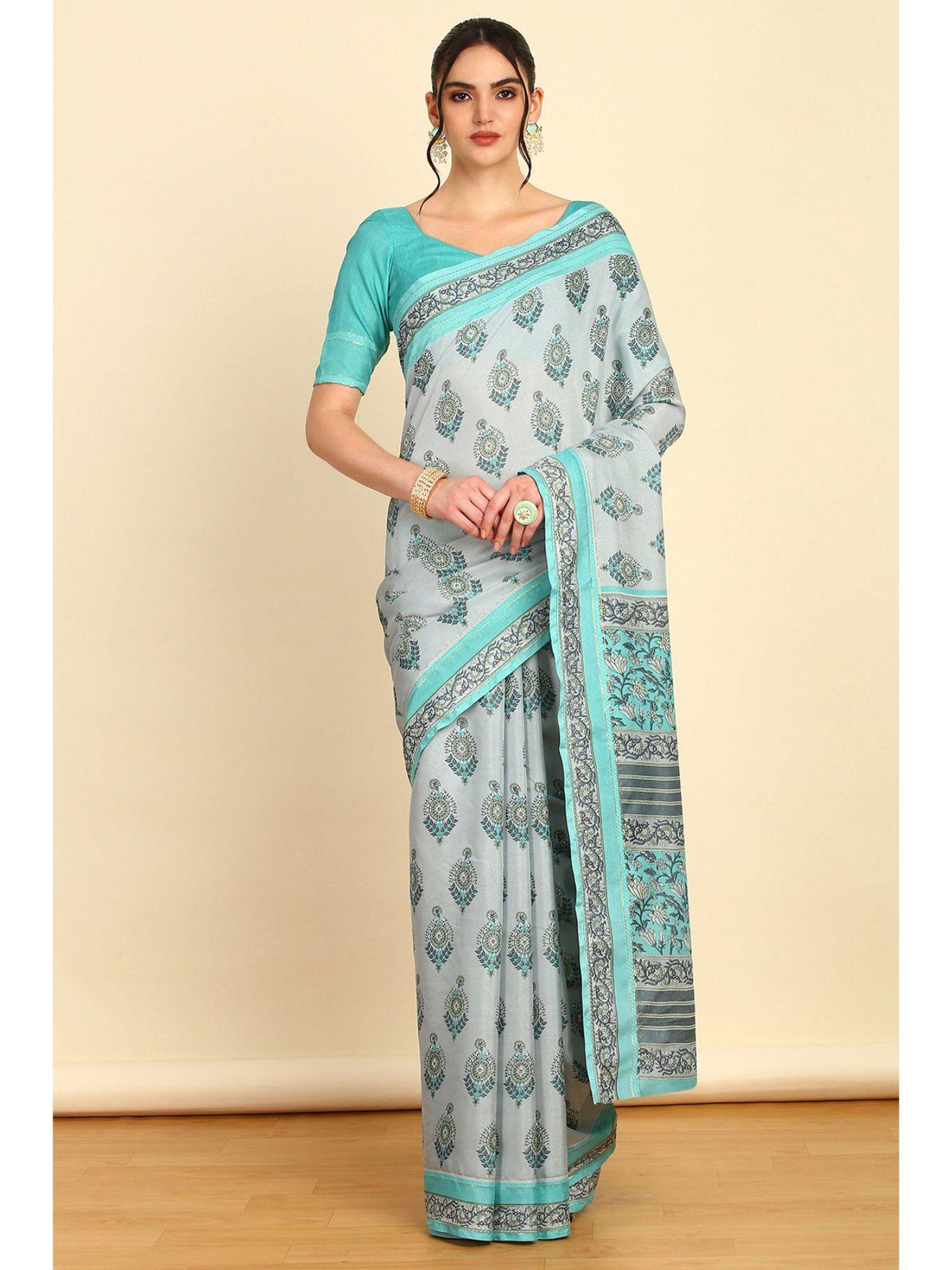 womens powder blue art silk floral print saree with unstitched blouse