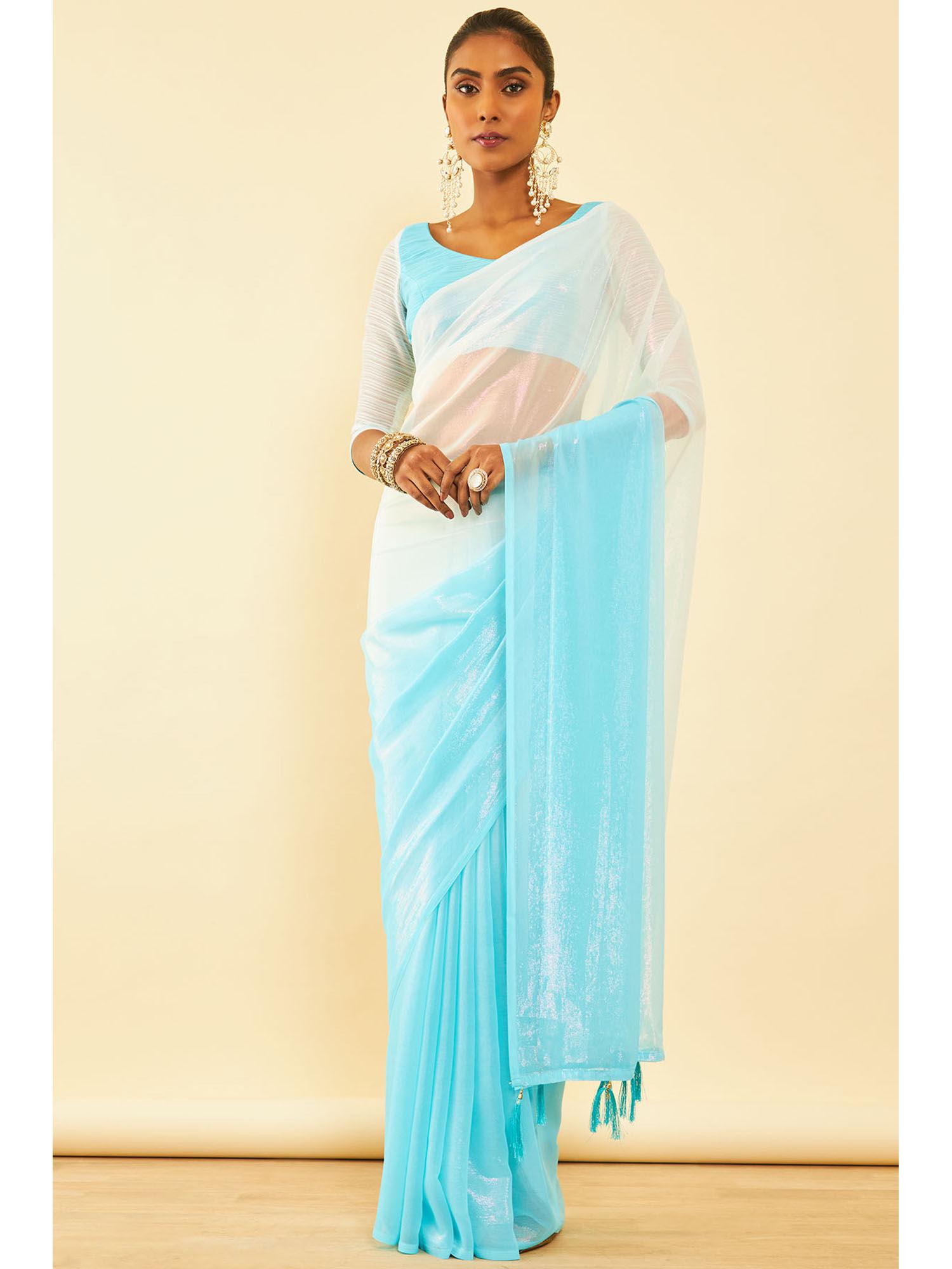 womens powder blue chiffon saree with tassels with unstitched blouse