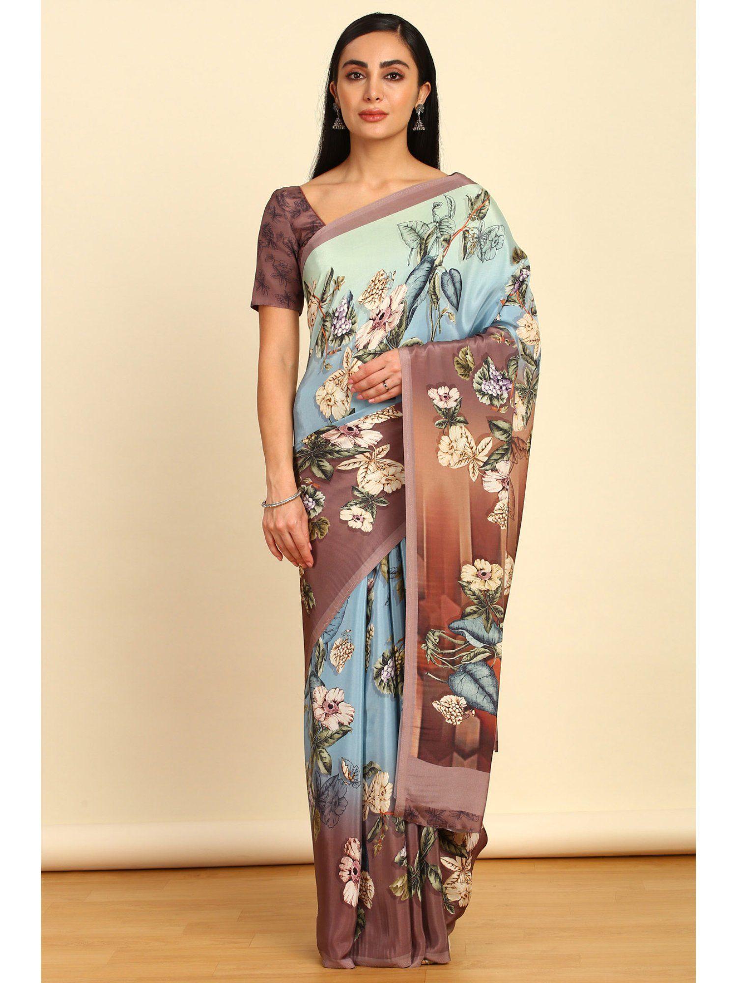 womens powder blue crepe floral print saree with unstitched blouse