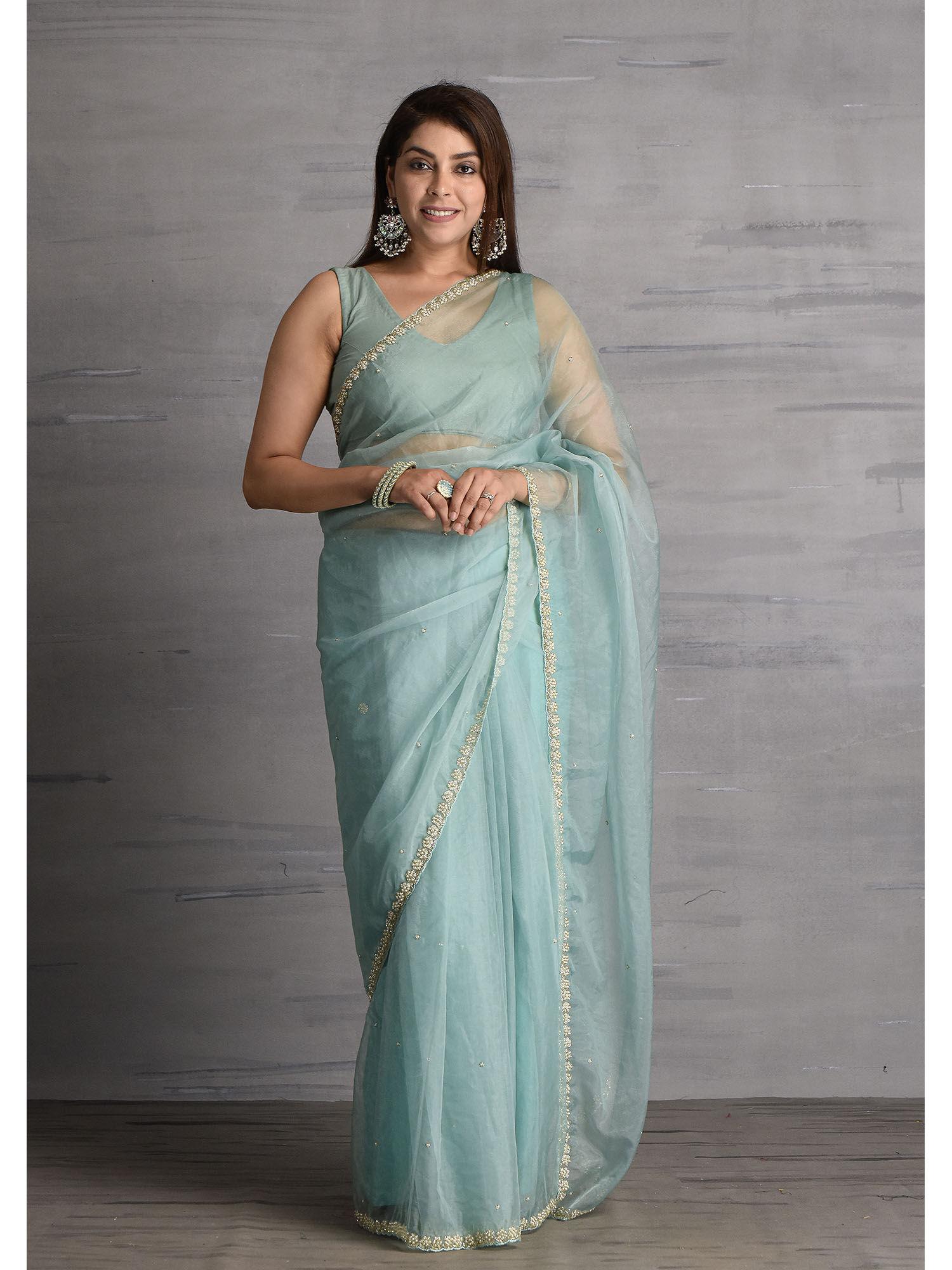 womens powder blue pearl embellished tissue saree with unstitched blouse