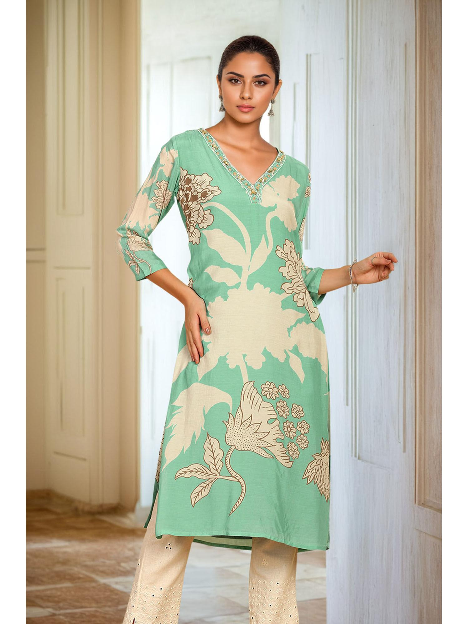 womens powder blue printed cotton straight kurta with beads