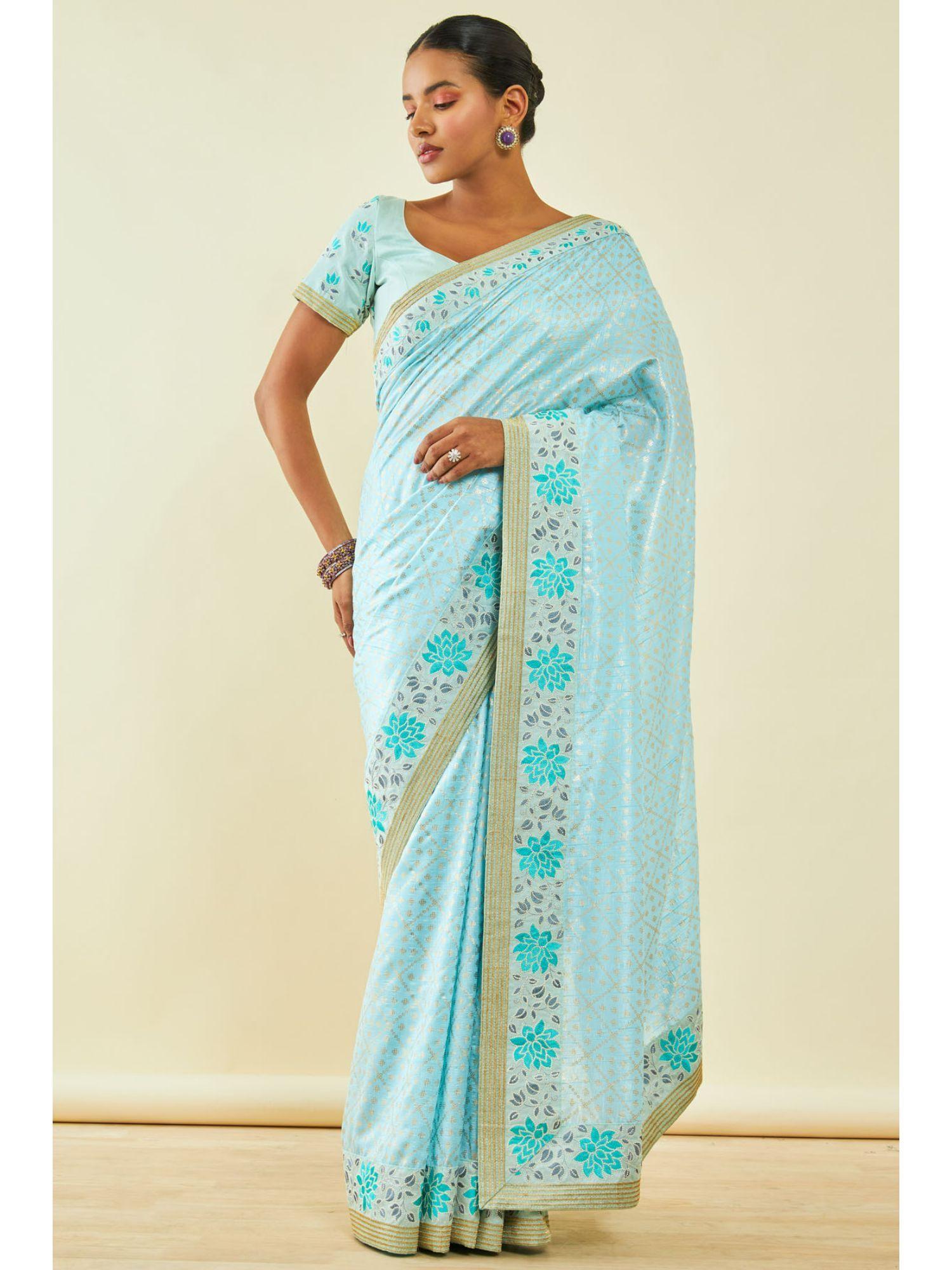 womens powder blue tussar silk geometric saree with zari with unstitched blouse