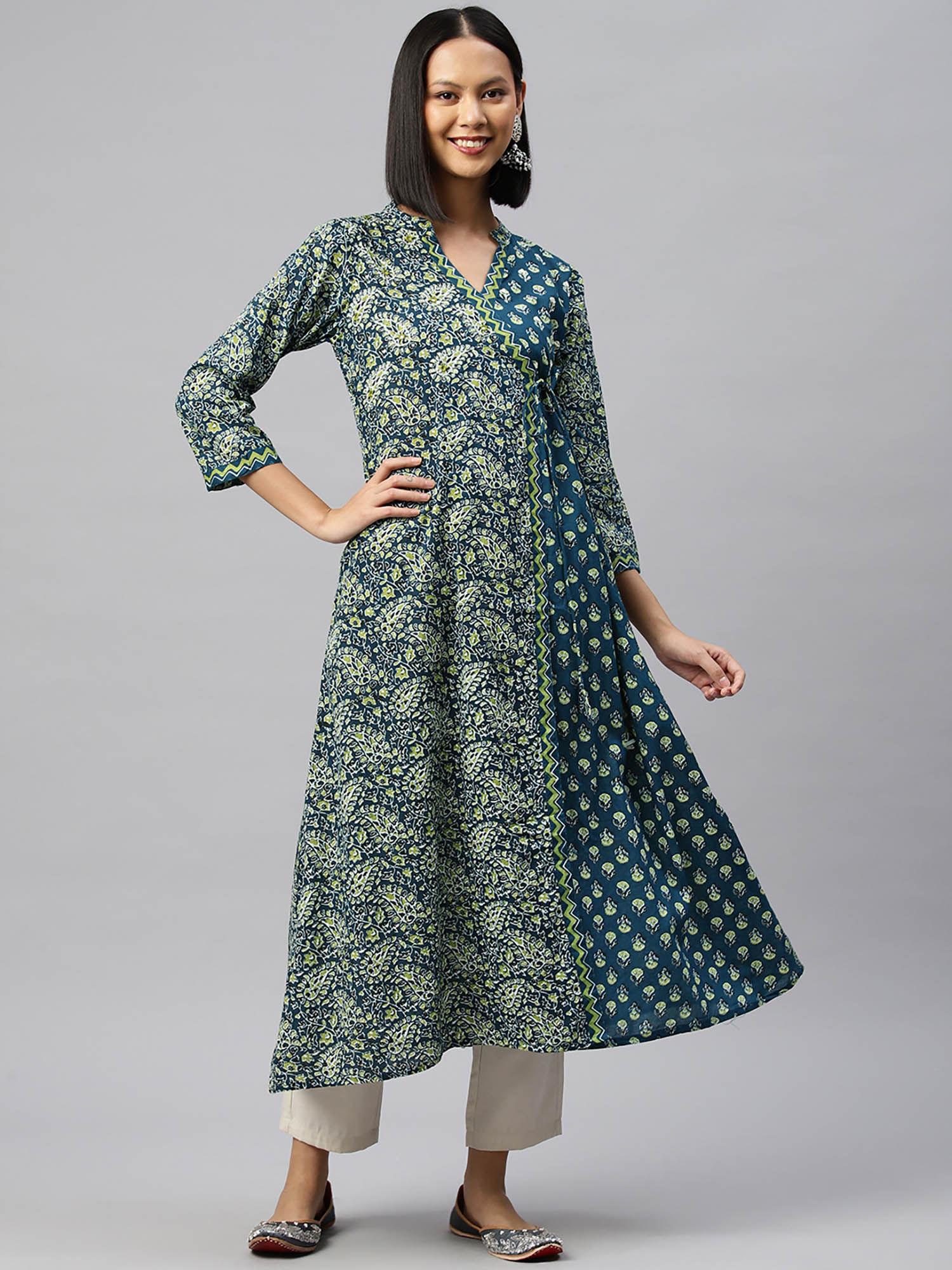 womens print & hand work a-line cotton aqua stitched kurti