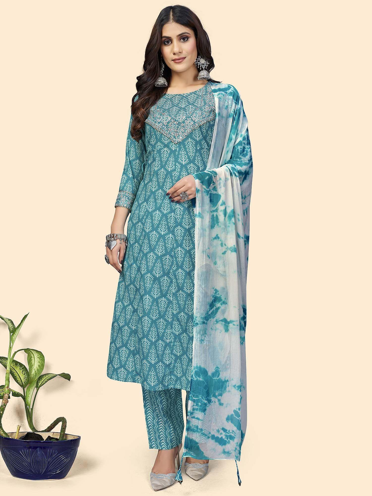 womens print & sequence cotton sky blue stitched kurta pants with dupatta (set of 3)