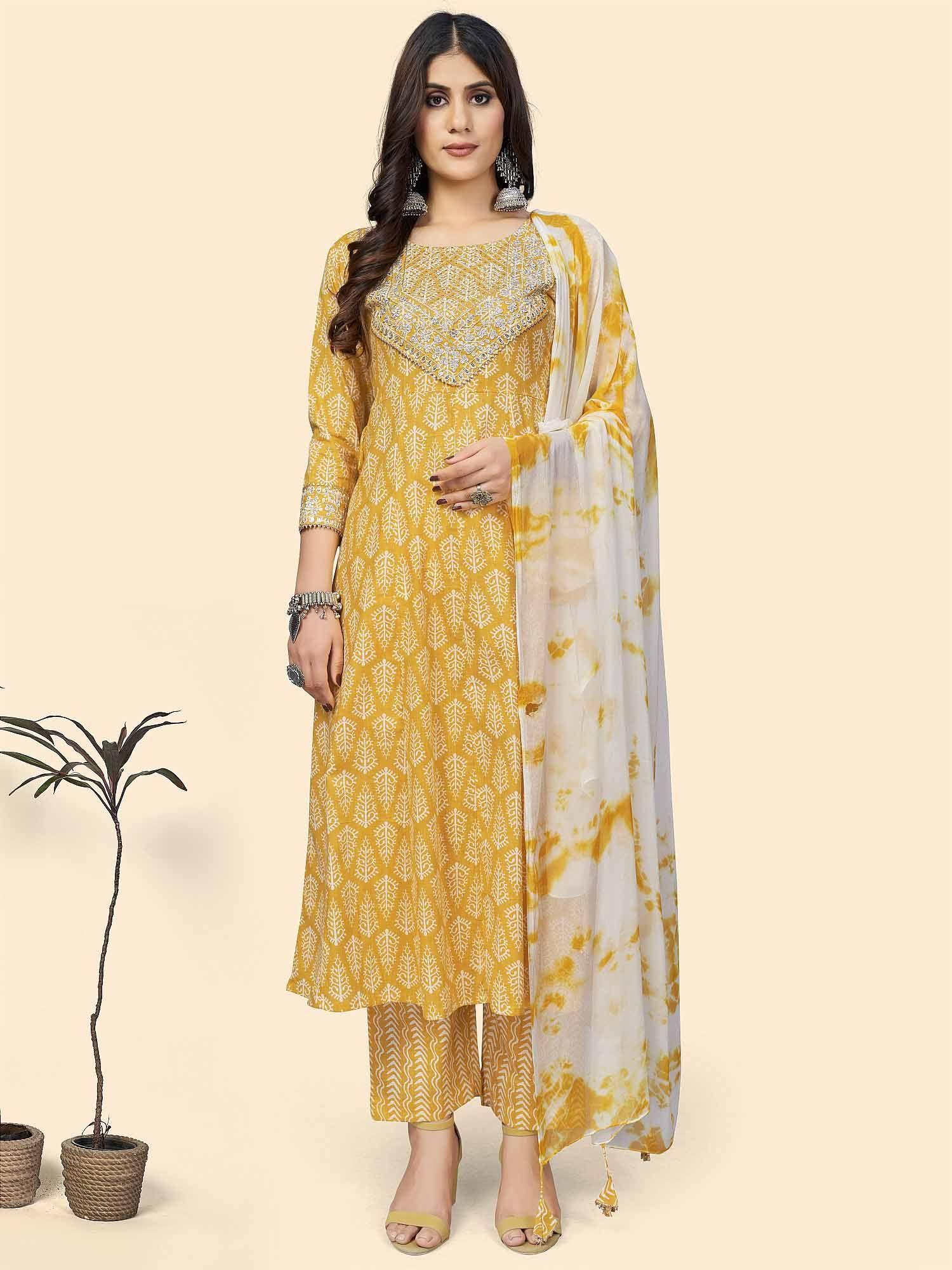 womens print sequence a-line cotton yellow stitched kurta pants with dupatta (set of 3)