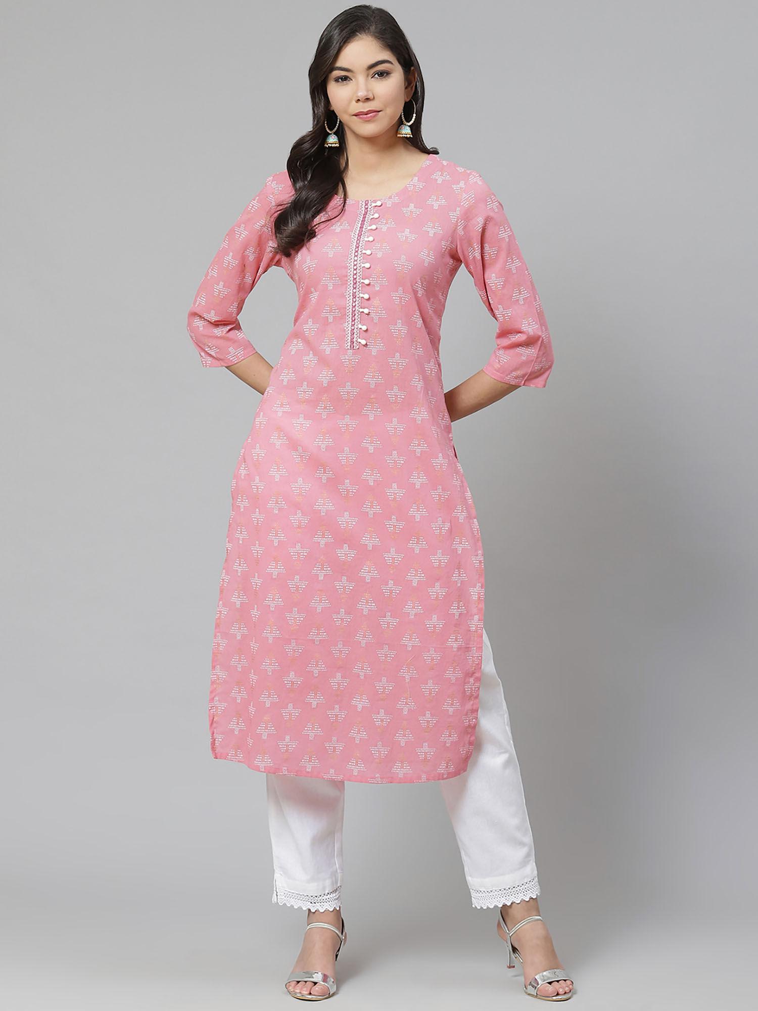 womens printed & embroidered straight kurta pink