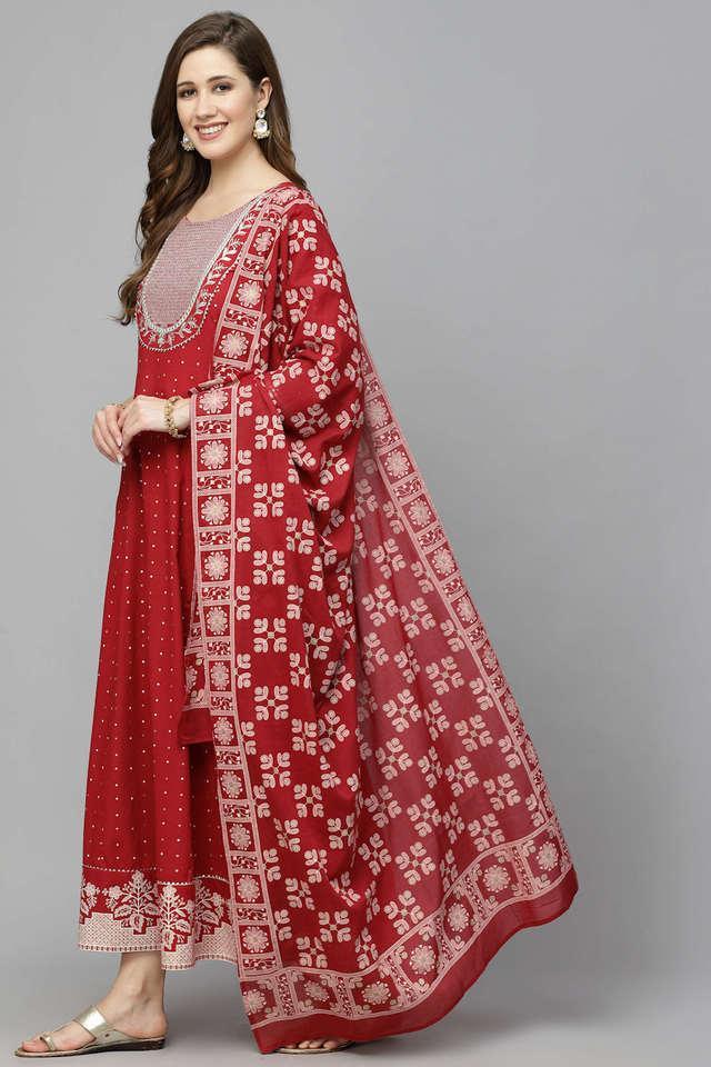 womens printed _ embroidered cotton anarkali kurta with dupatta