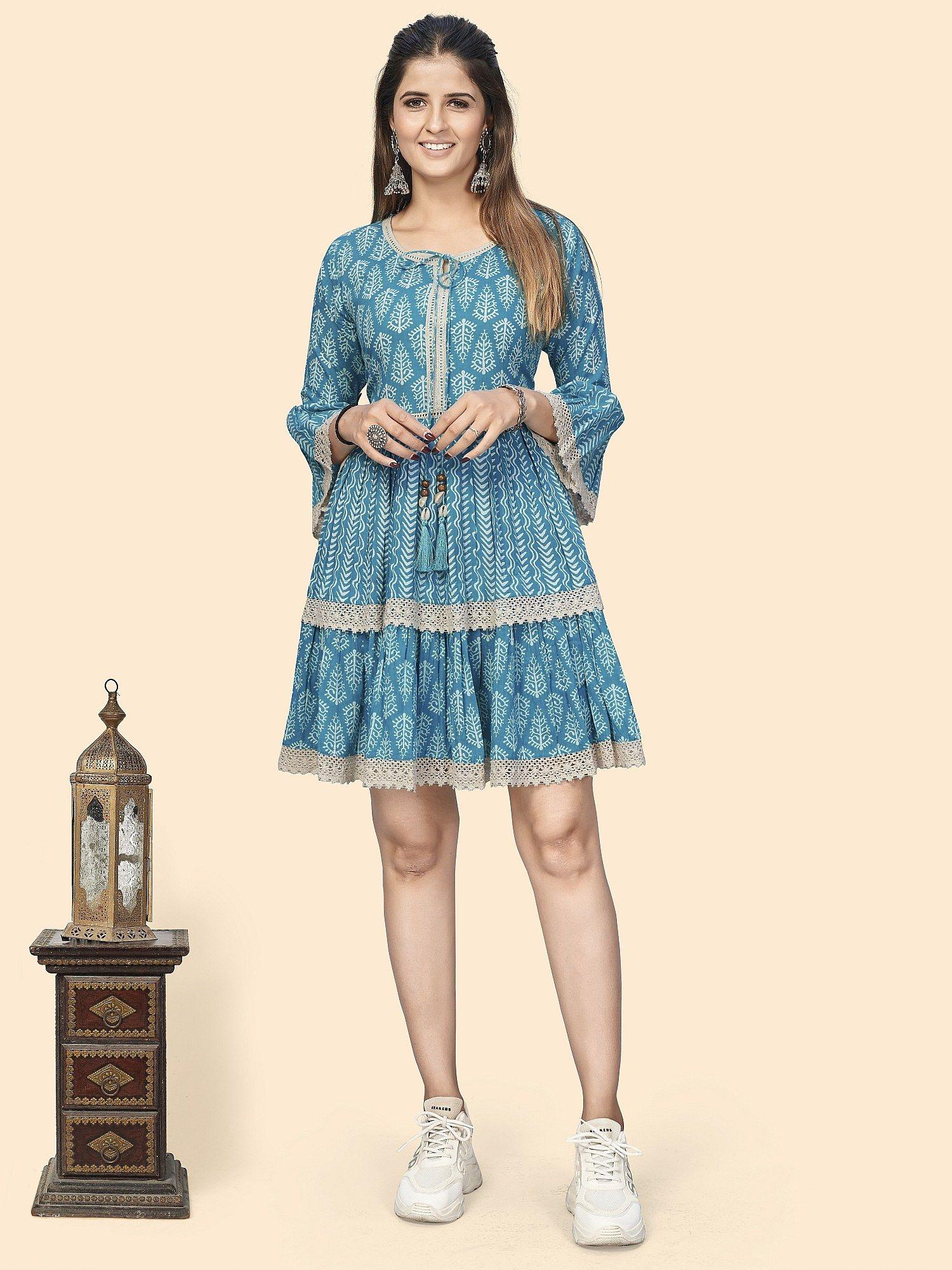 womens printed and lace border a-line cotton sky blue stitched dress