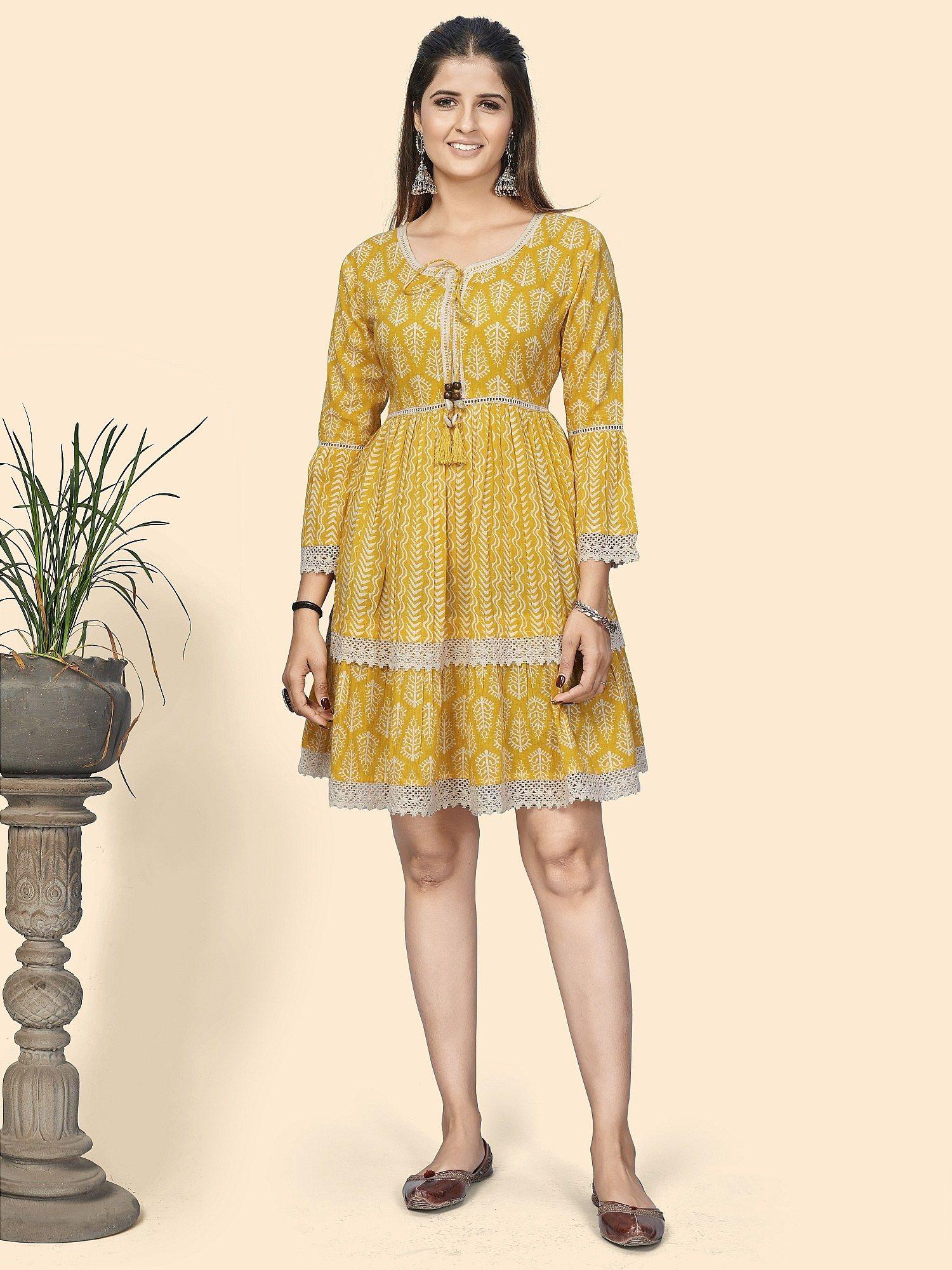 womens printed and lace border a-line cotton yellow stitched dress