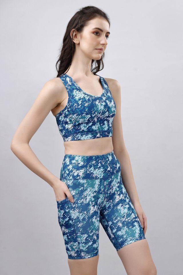 womens printed athleisure sports bra _ high-waist knee-length shorts cord set