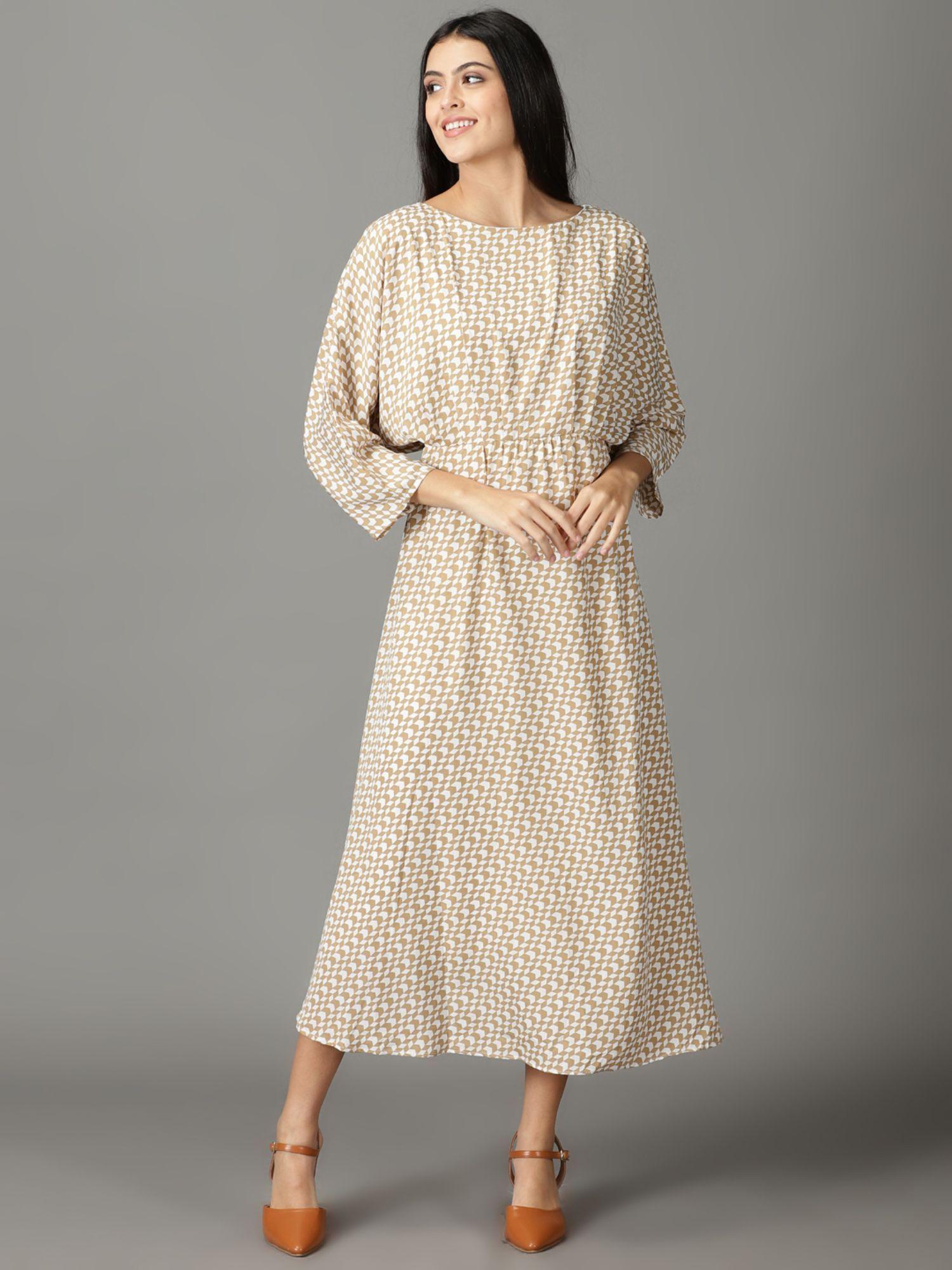 womens printed boat neck beige midi dress