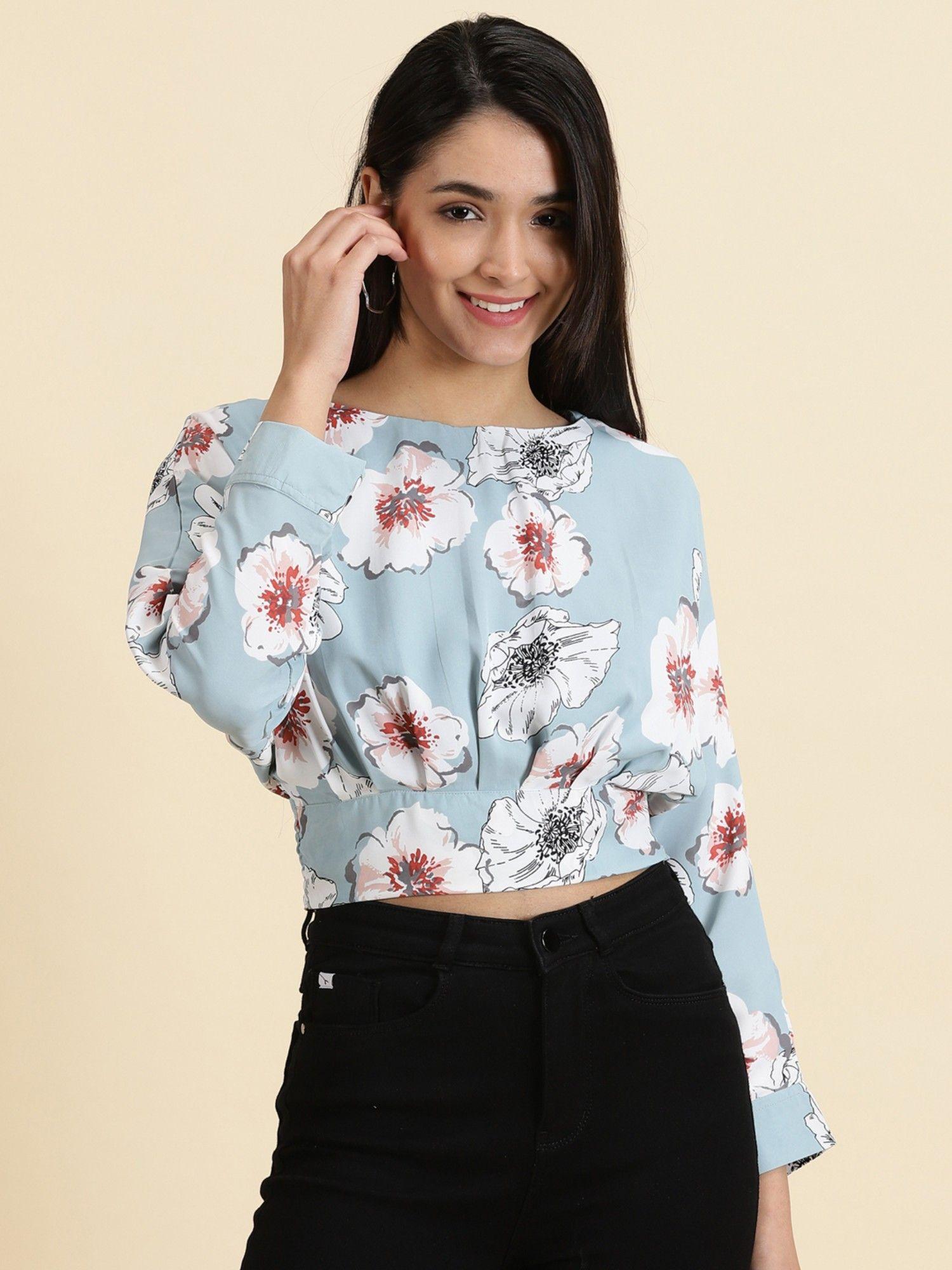 womens printed boat neck blue styled back crop top