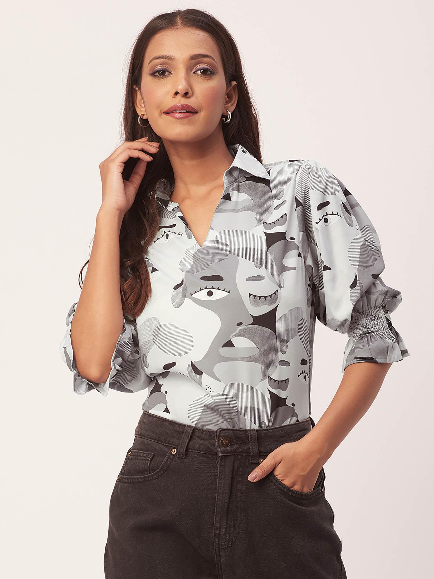 womens printed collared shirt top