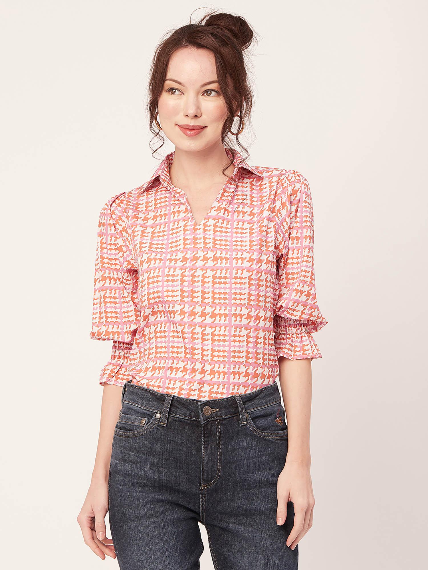 womens printed collared shirt top