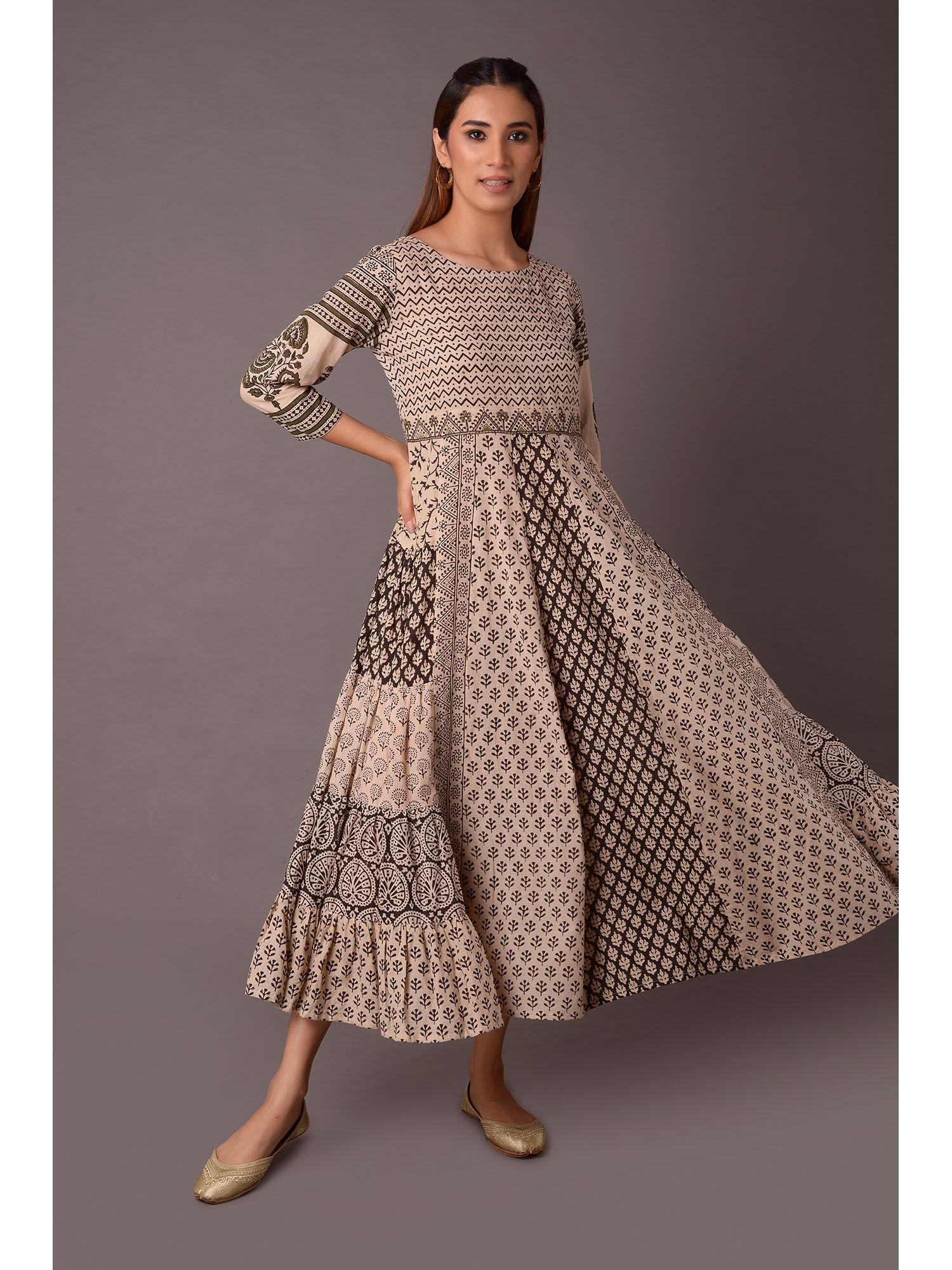 womens printed cotton beige dress