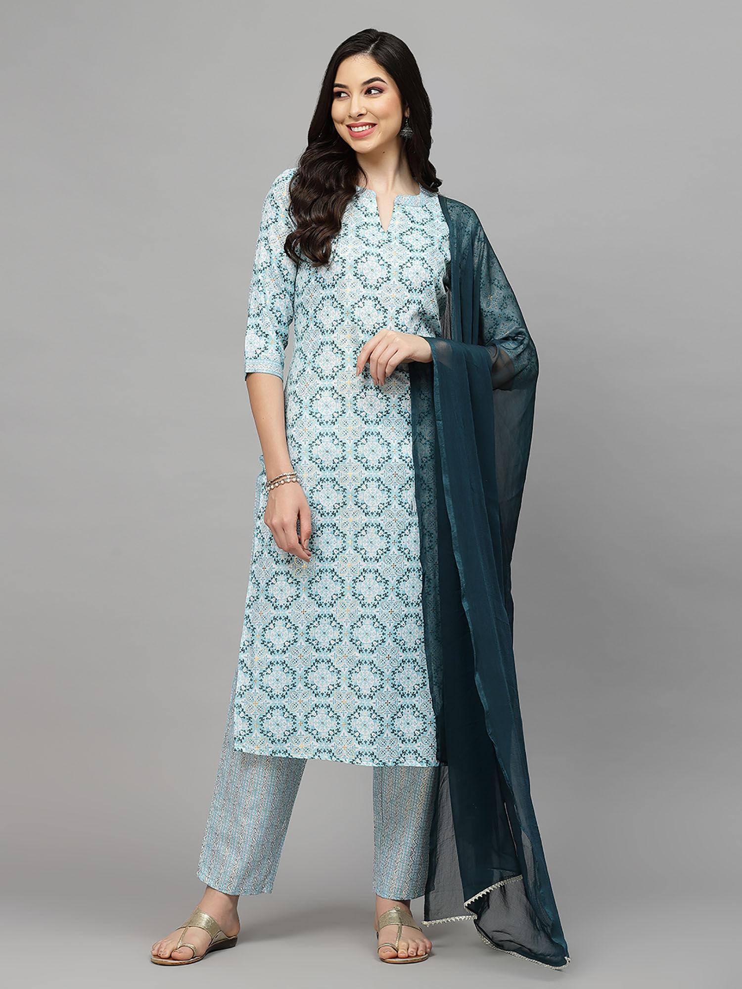 womens printed cotton blend kurta pant dupatta - blue (set of 3)
