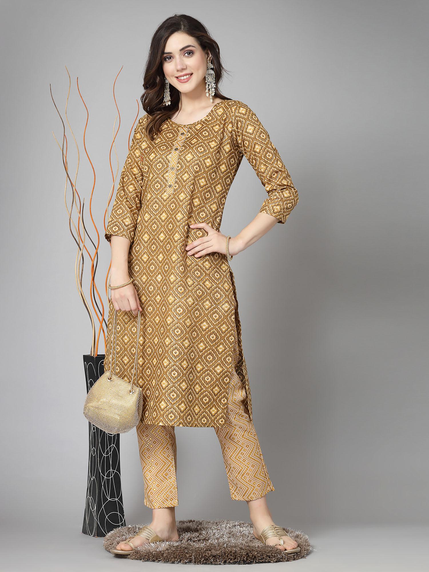 womens printed cotton blend straight kurta with pant-brown (set of 2)