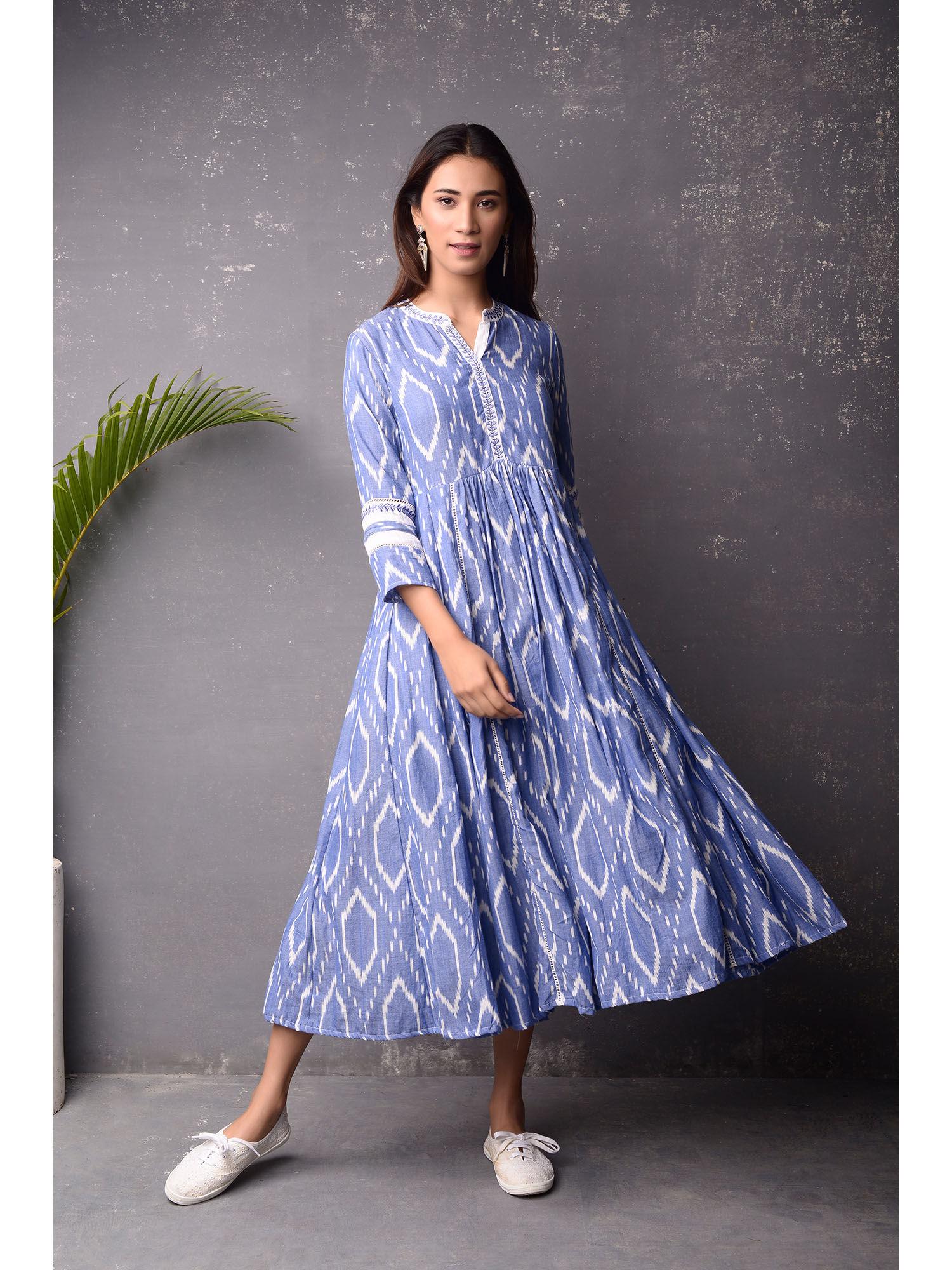 womens printed cotton blue dress