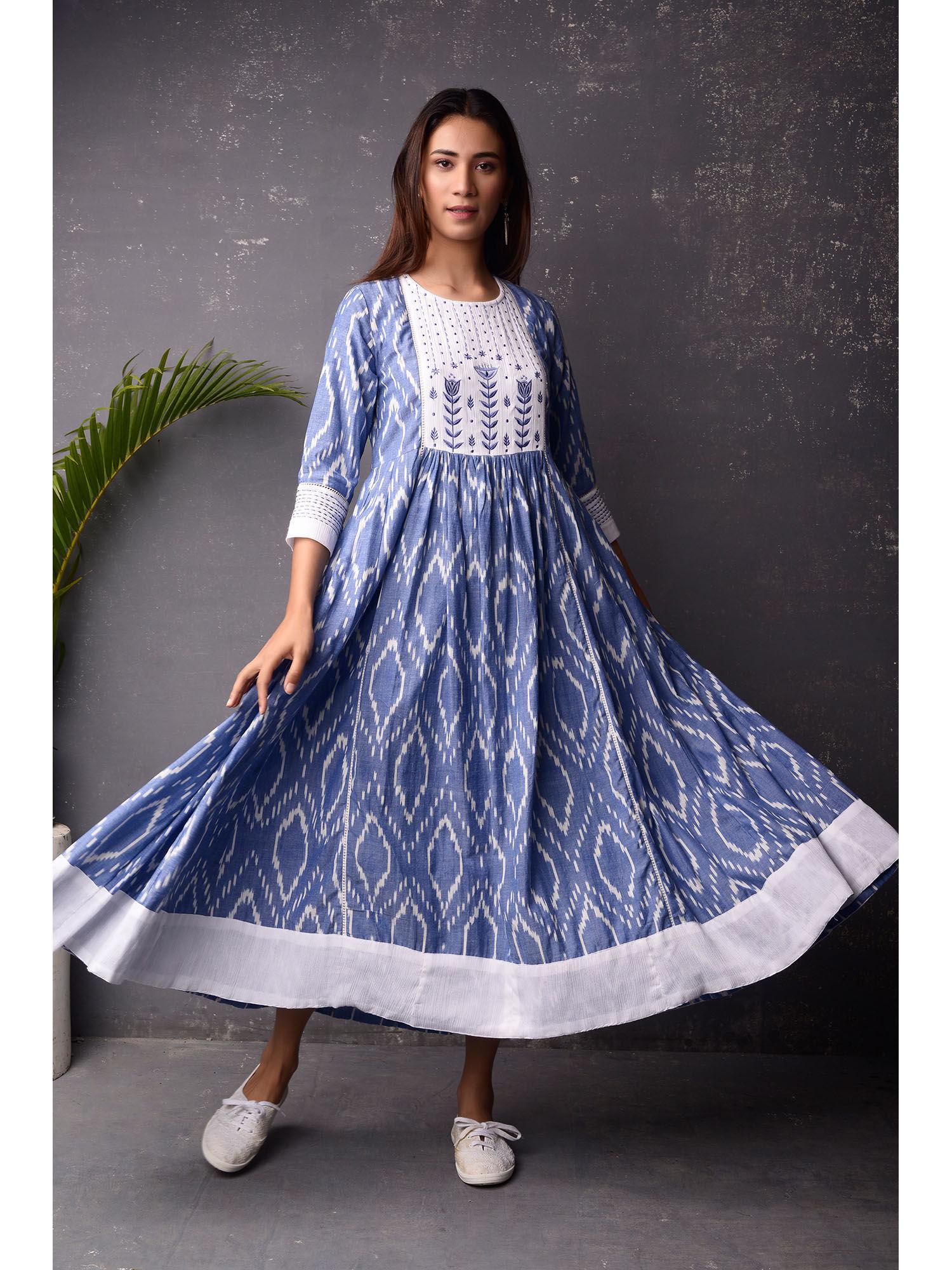 womens printed cotton blue dress