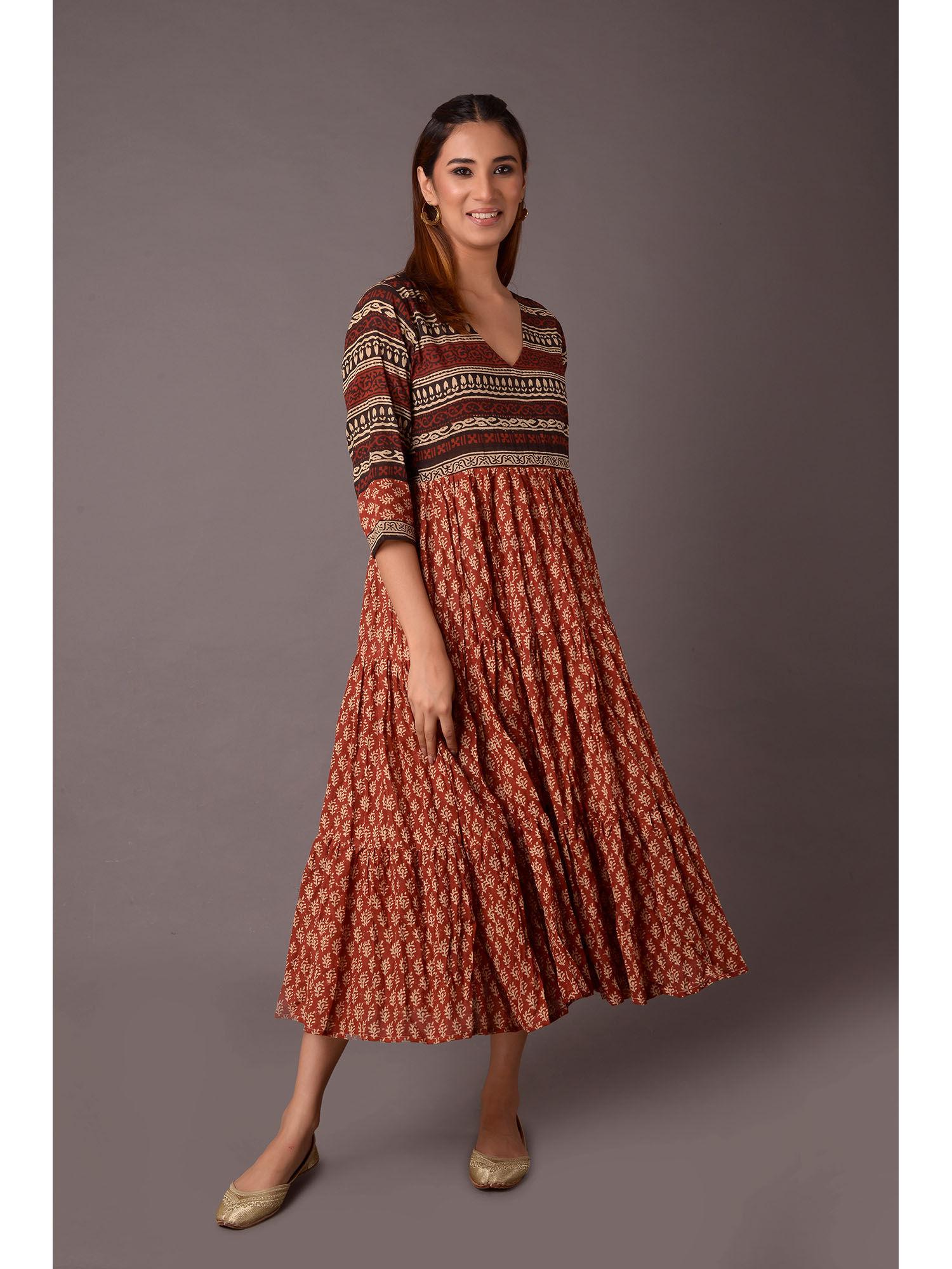 womens printed cotton brown dress