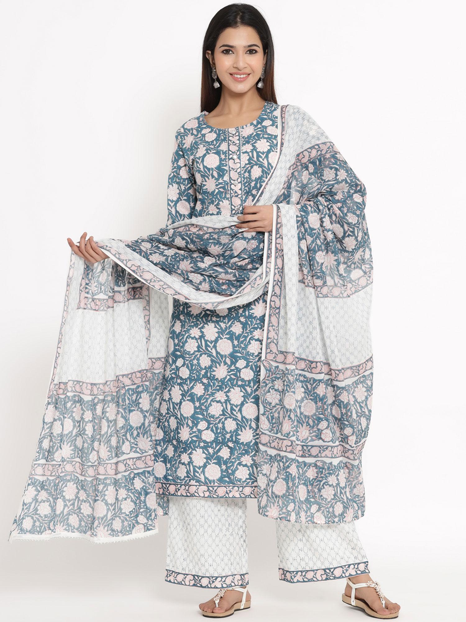 womens printed cotton fabric kurta, palazzo and dupatta blue color (set of 3)