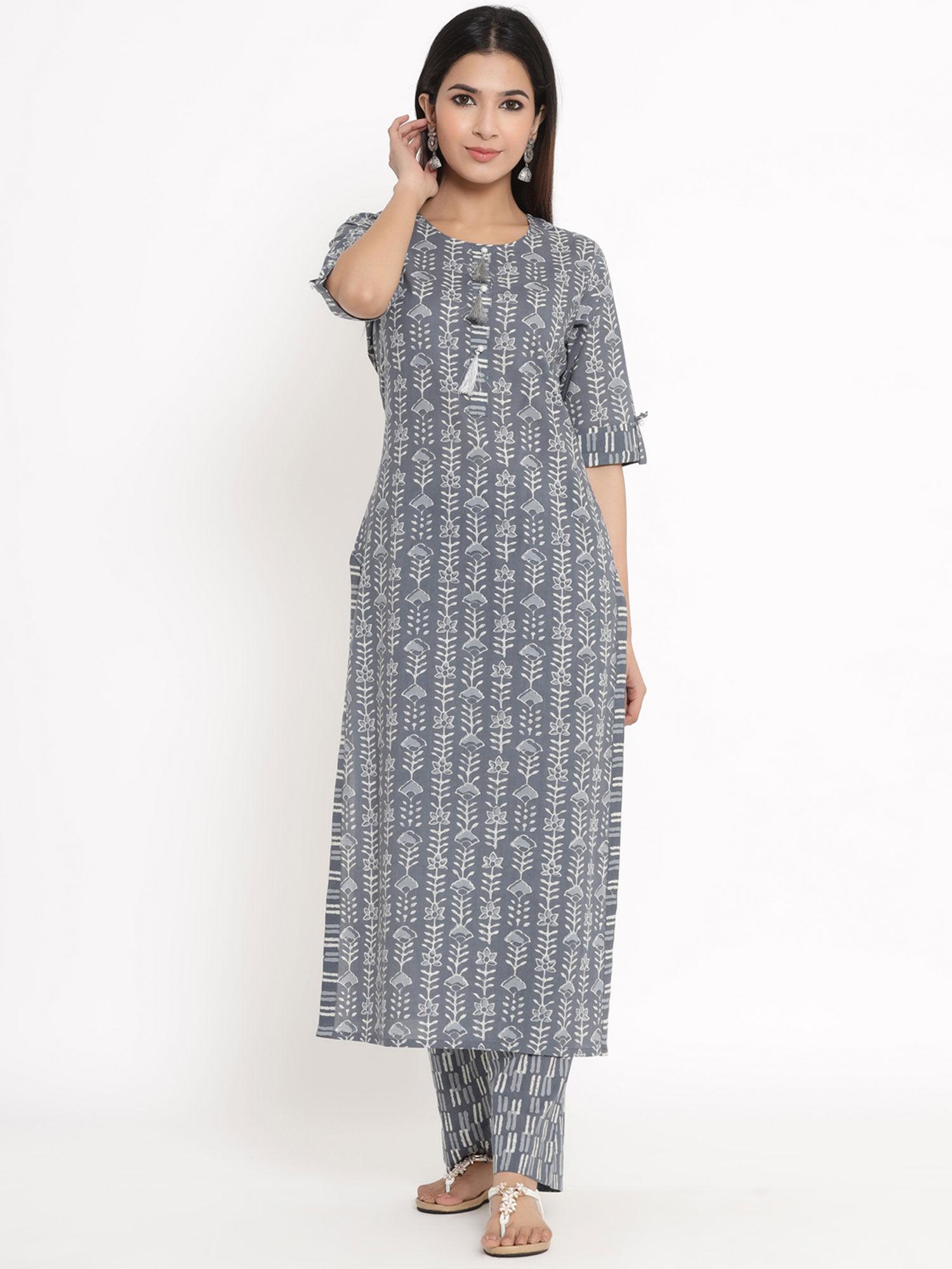 womens printed cotton fabric kurta and palazzo grey color (set of 2)
