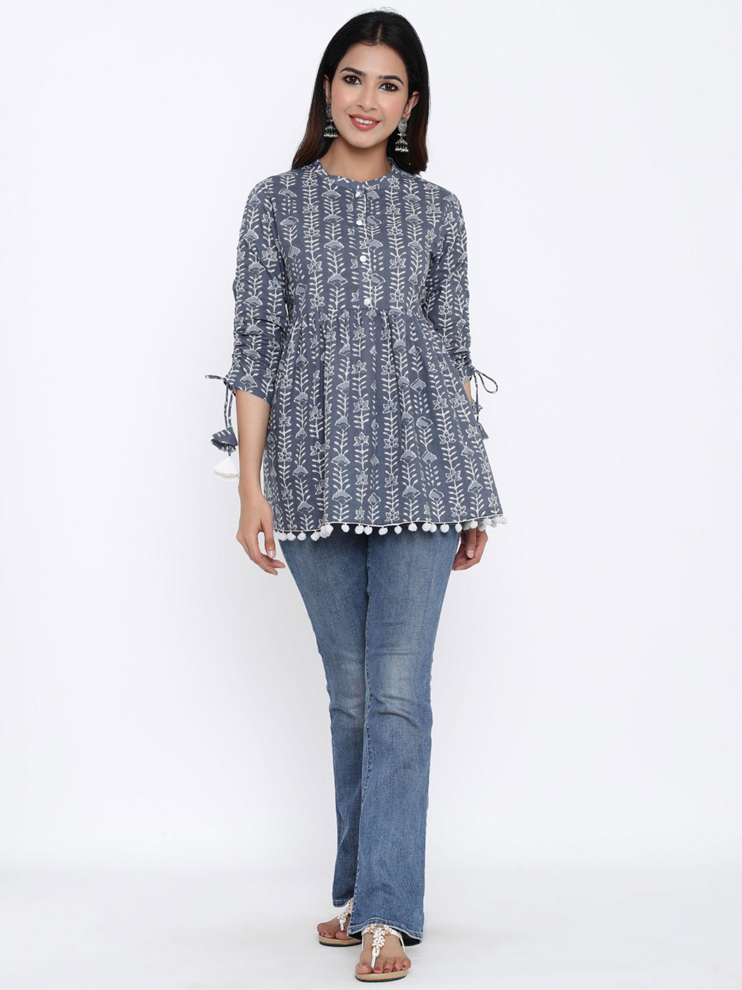 womens printed cotton fabric short tunic with tie-up slevess details in grey color