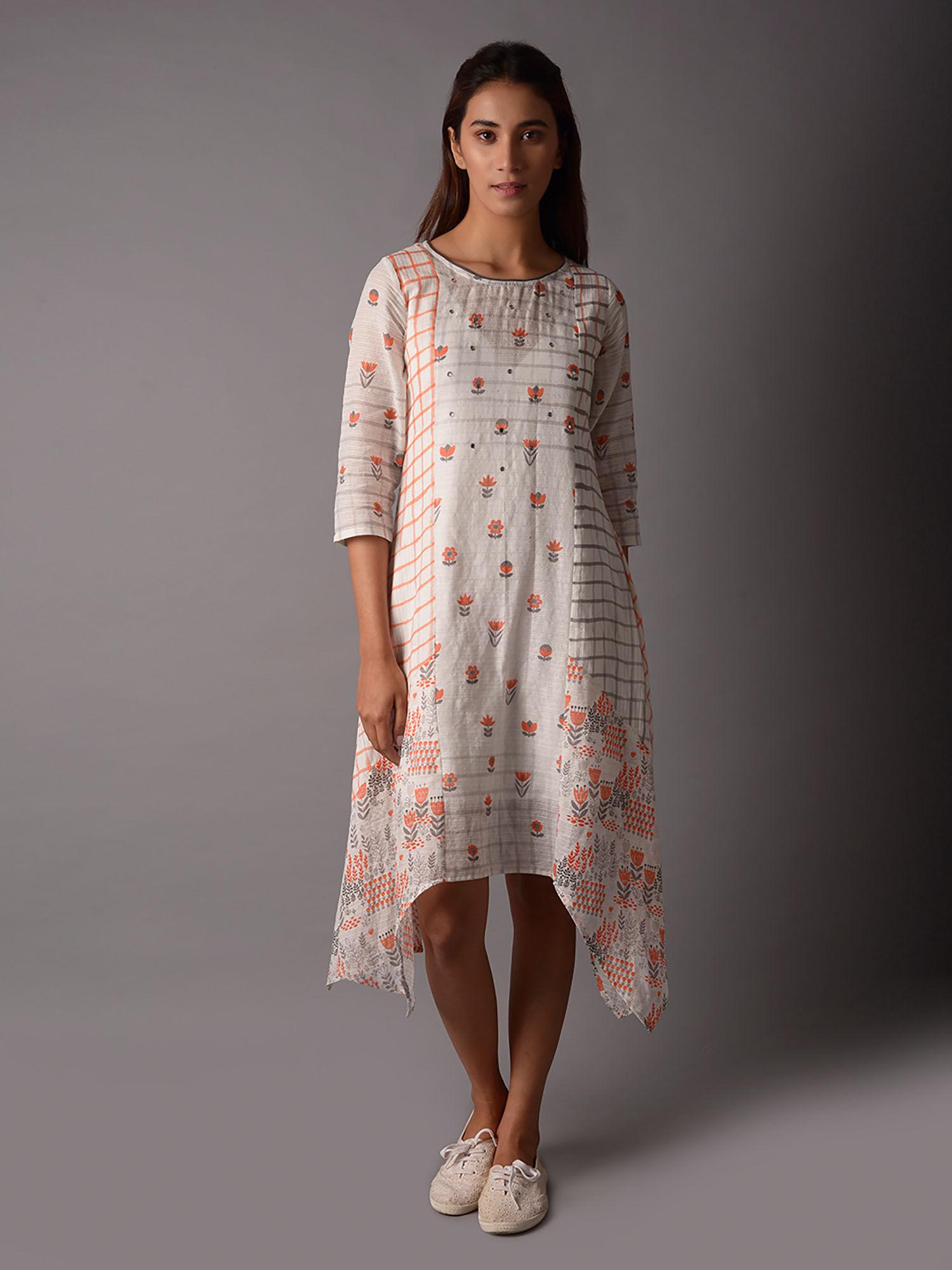 womens printed cotton off white dress