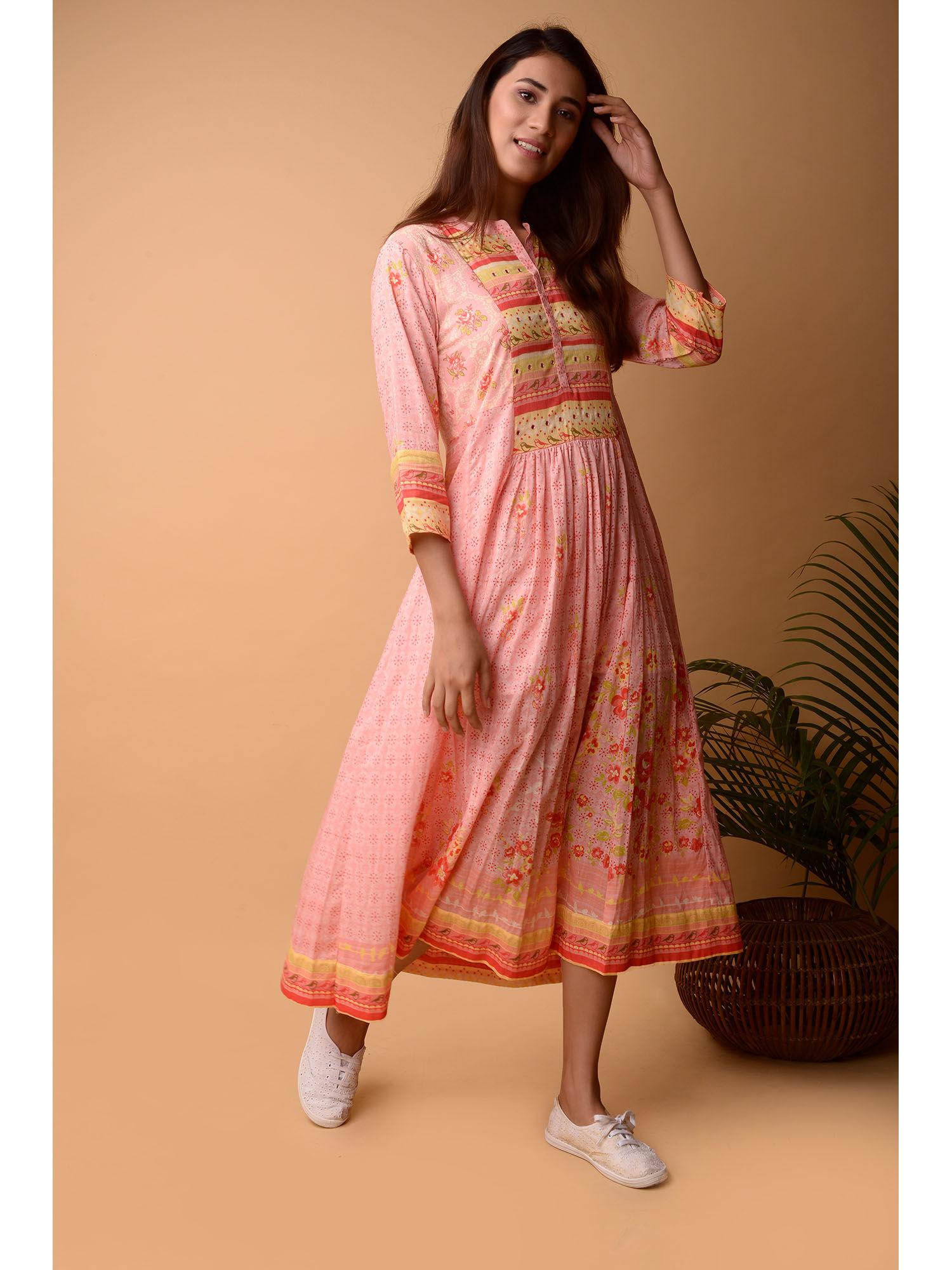 womens printed cotton pink dress