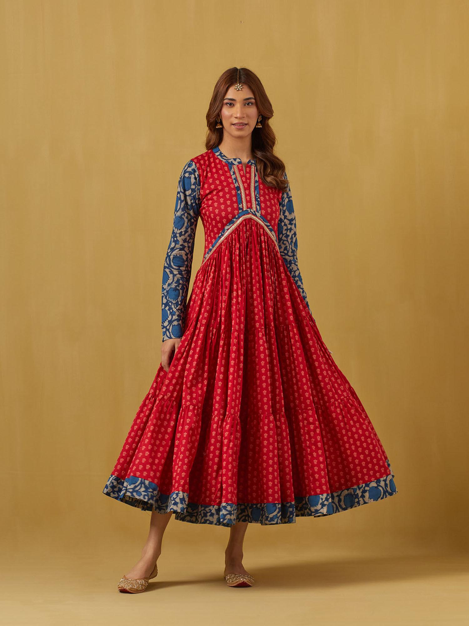 womens printed cotton red dress