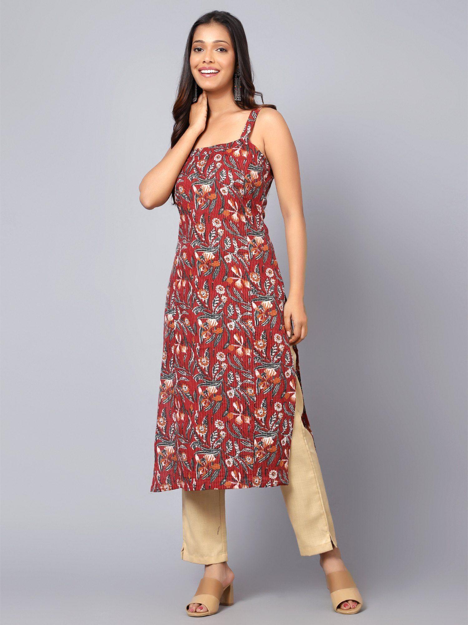 womens printed cut sleeve kurta with adjuster