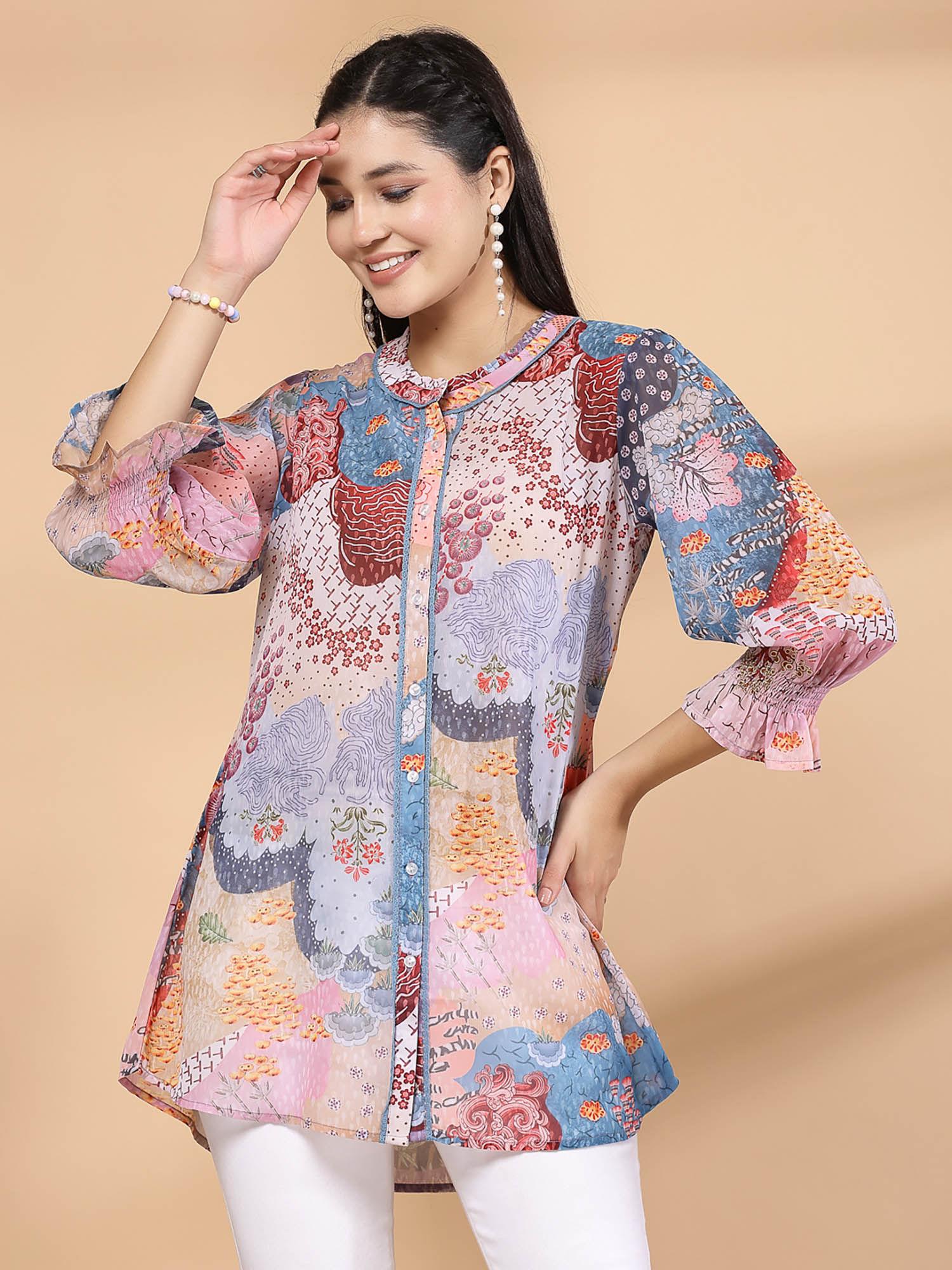 womens printed front open tunic with lace detailing pink