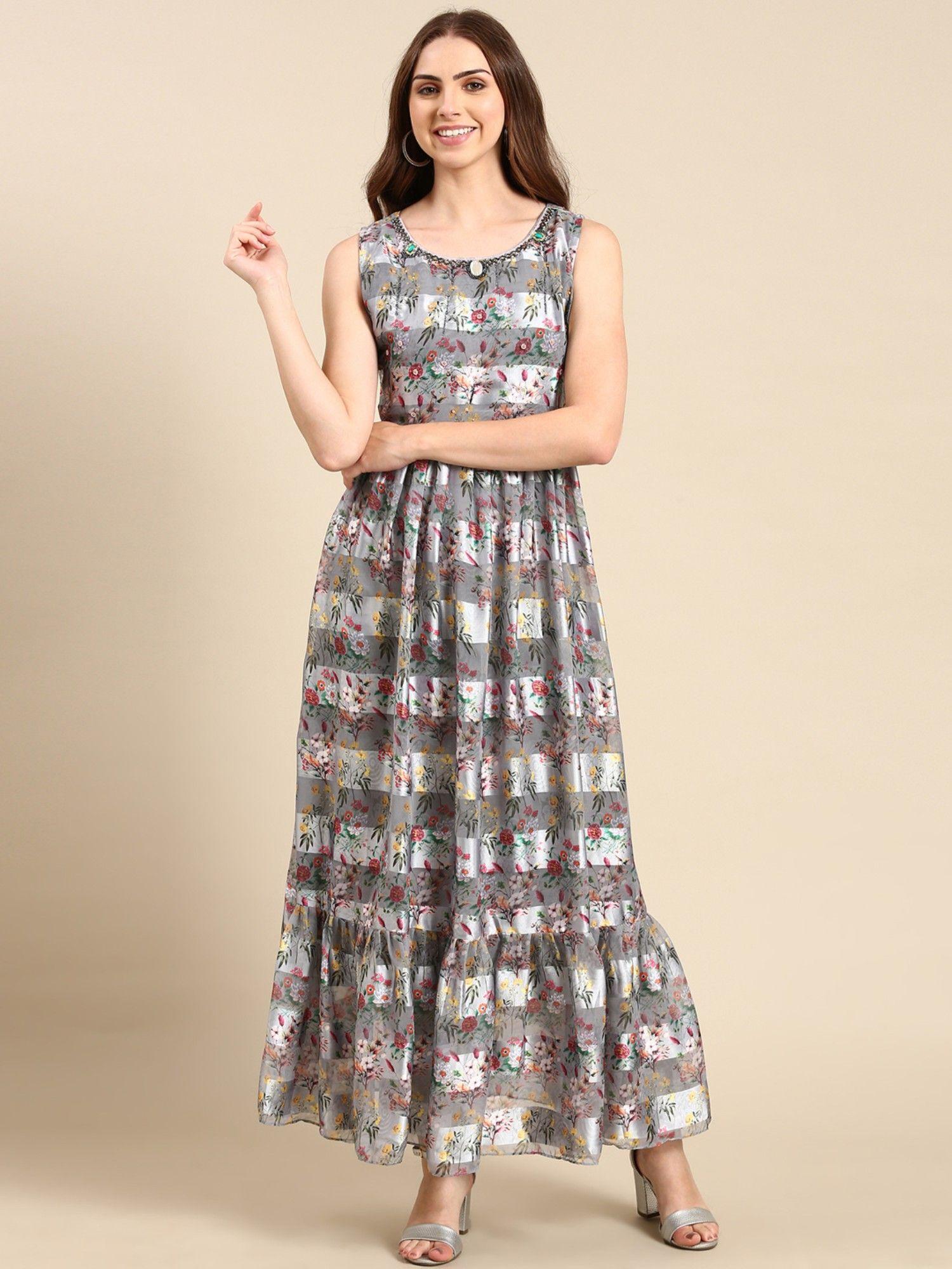 womens printed grey round neck maxi dress